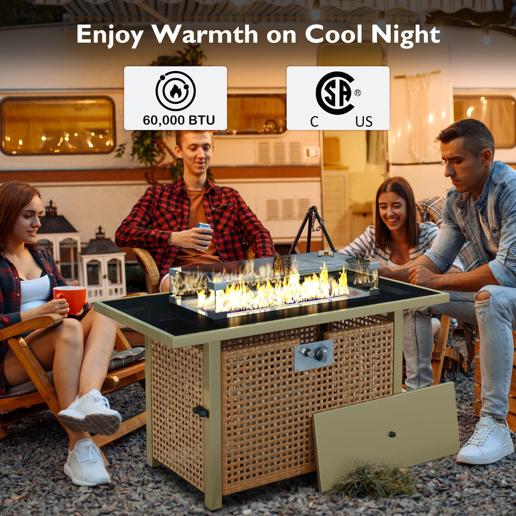 Outdoor Patio Set with Fire Pit Table Rattan Metal Beige 8 Piece
