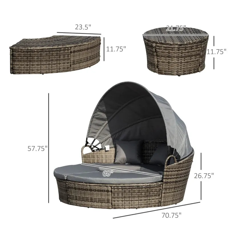 Outdoor Round Daybed Set PE Rattan Dark Gray 4 Piece Canopy 352 lb Cap