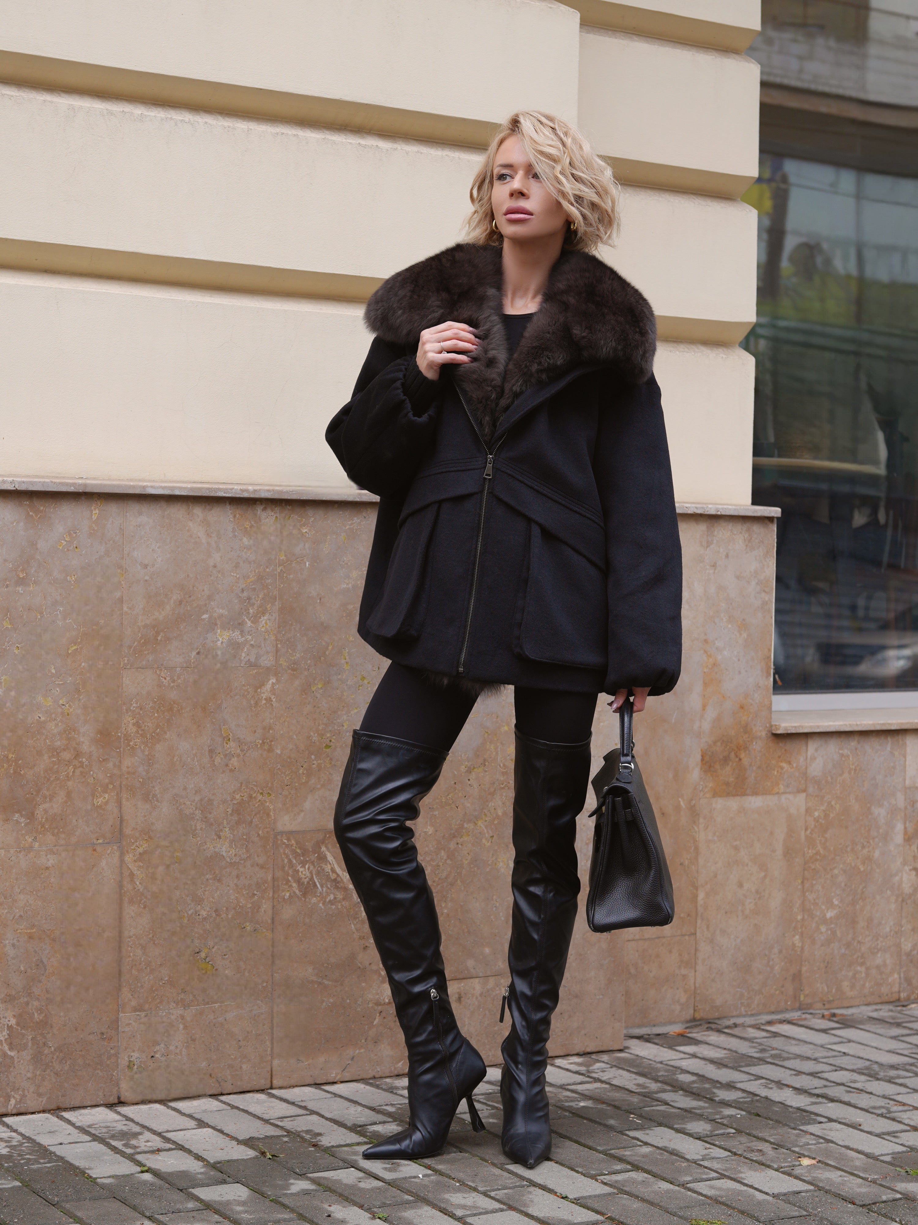 Rimini Genuine Fur Trim Wool Blend Parka in Black
