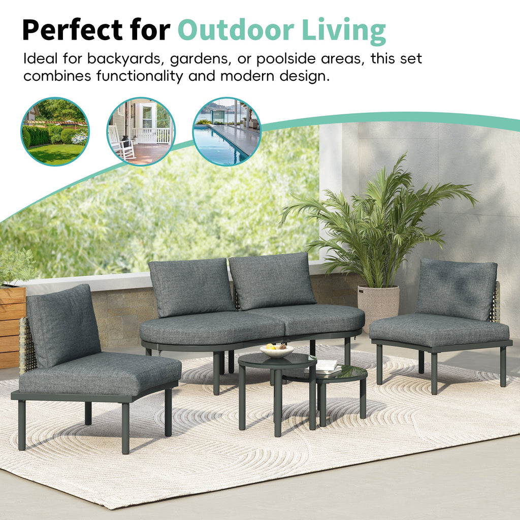 Outdoor Sectional Set PE Wicker Aluminum Gray Half Moon 6 Piece 300 LB