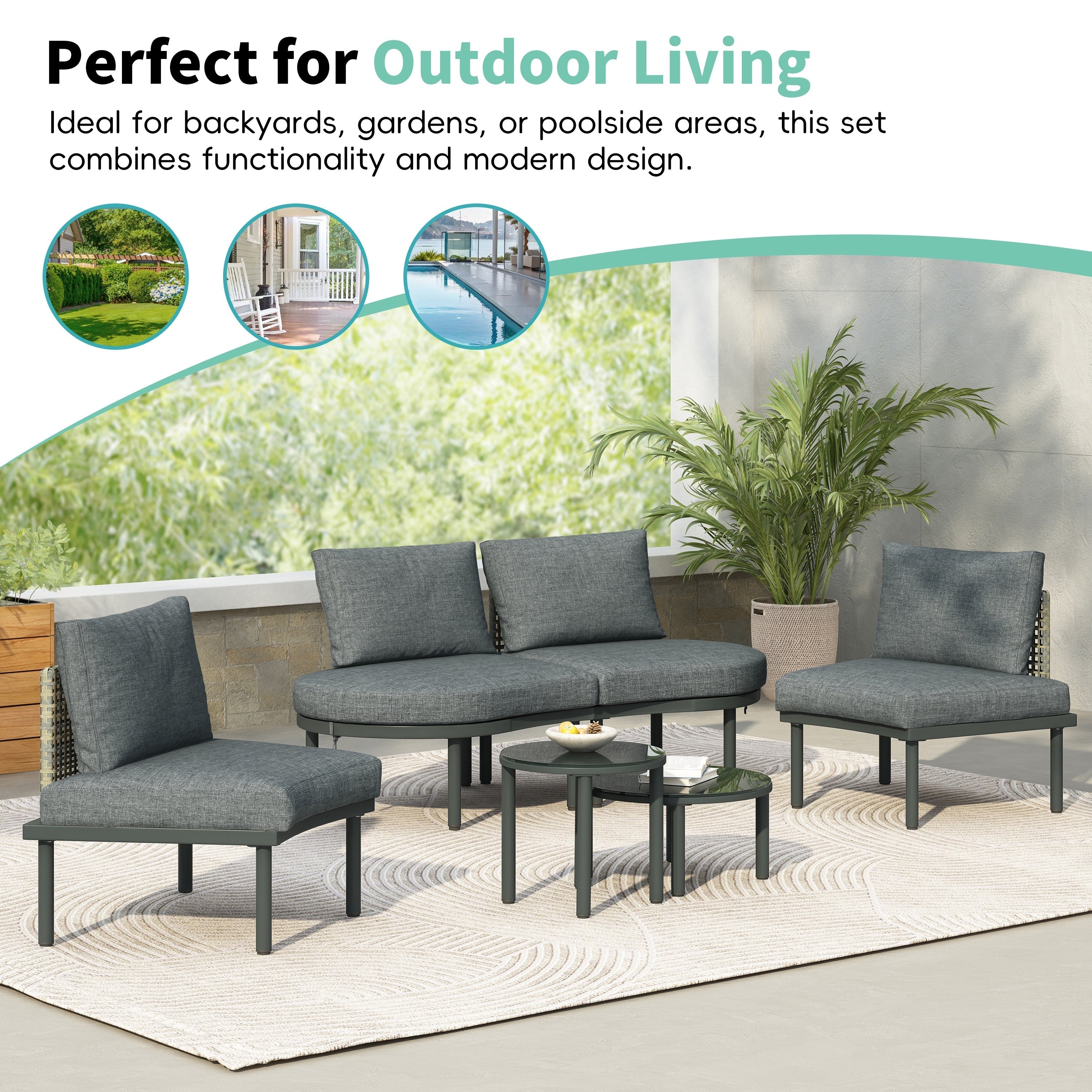 Outdoor Sectional Set PE Wicker Aluminum Gray Half Moon 6 Piece 300 LB