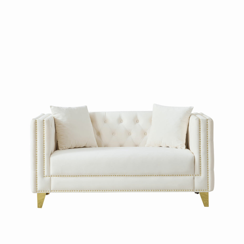 Loveseat Chesterfield Velvet Beige Button Tufted Nailhead Pine Frame 58.6 In