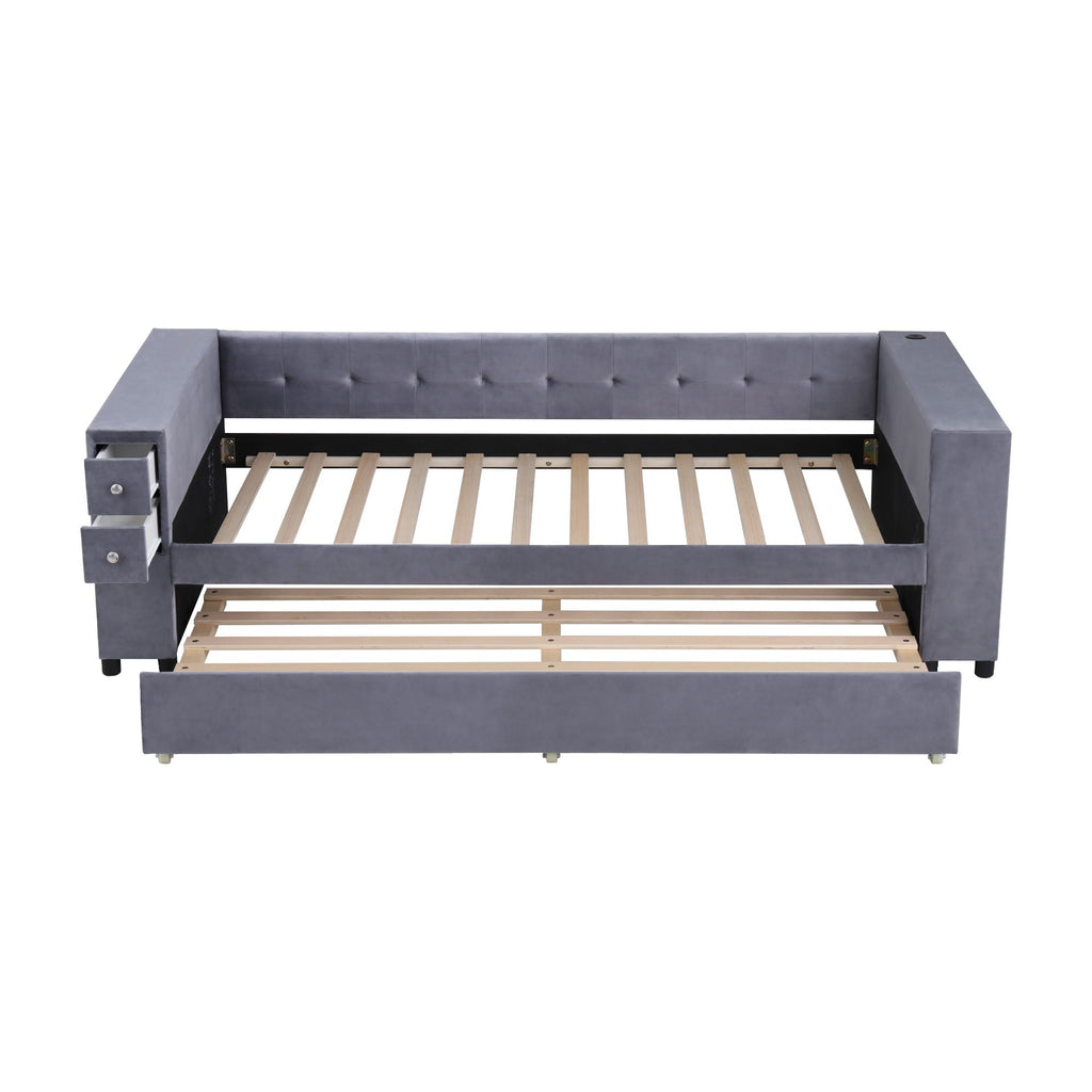 Upholstered Bed With Storage And Twin Trundle, USB Charging Ports