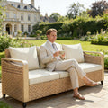 Outdoor Patio Sofa PE Rattan Brown Beige Cushions 3 Seat 76in