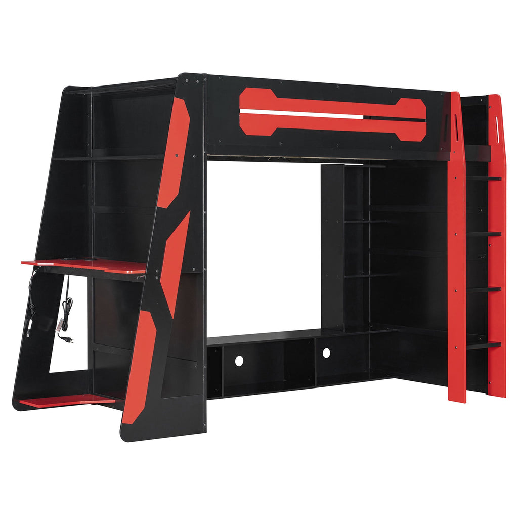 Twin Size Wood Loft Bed with Desk, Multi-storage Shelves and RGB Light, Red