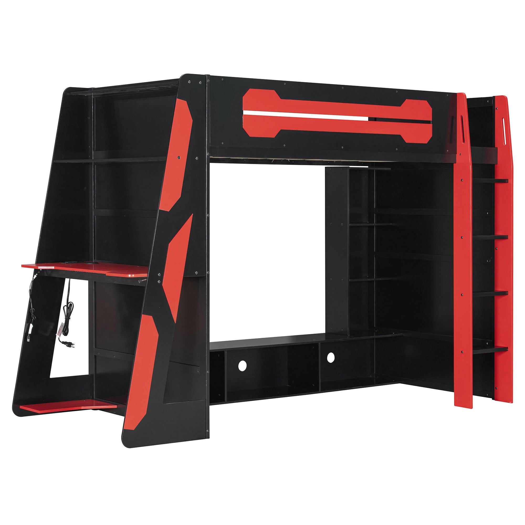Twin Size Wood Loft Bed with Desk, Multi-storage Shelves and RGB Light, Red