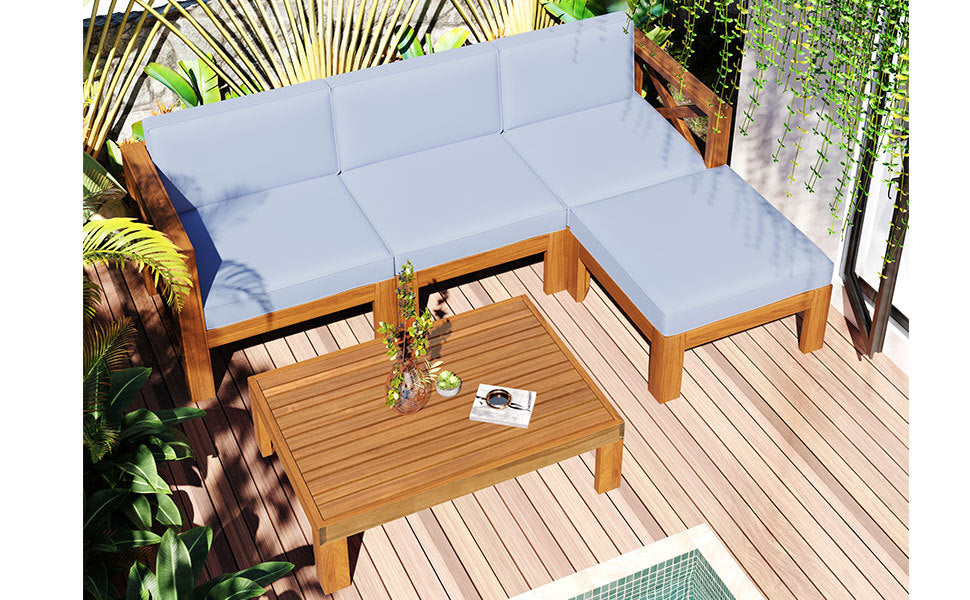 Outdoor Patio Sectional Set Acacia Wood Gray Cushions 5 Piece X-Back