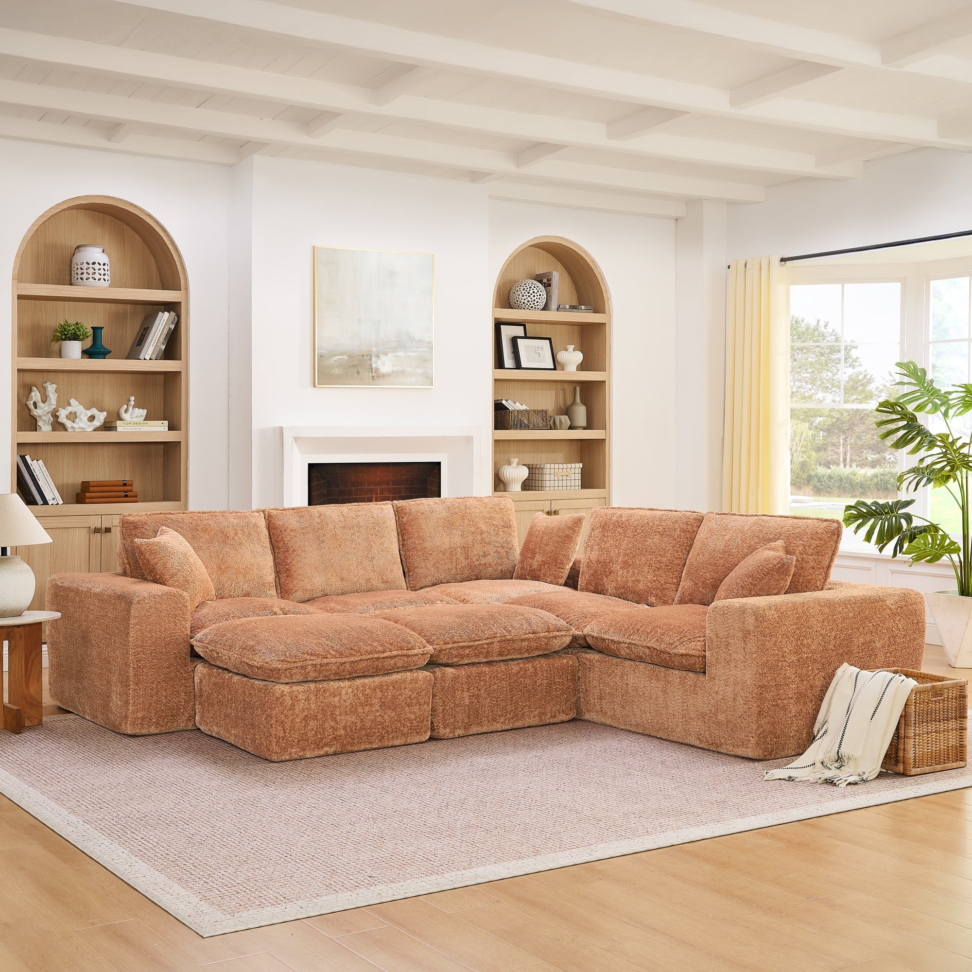 Sectional Sofa Modular Boucle Orange 7 Seat Ottomans 107 In No Assembly