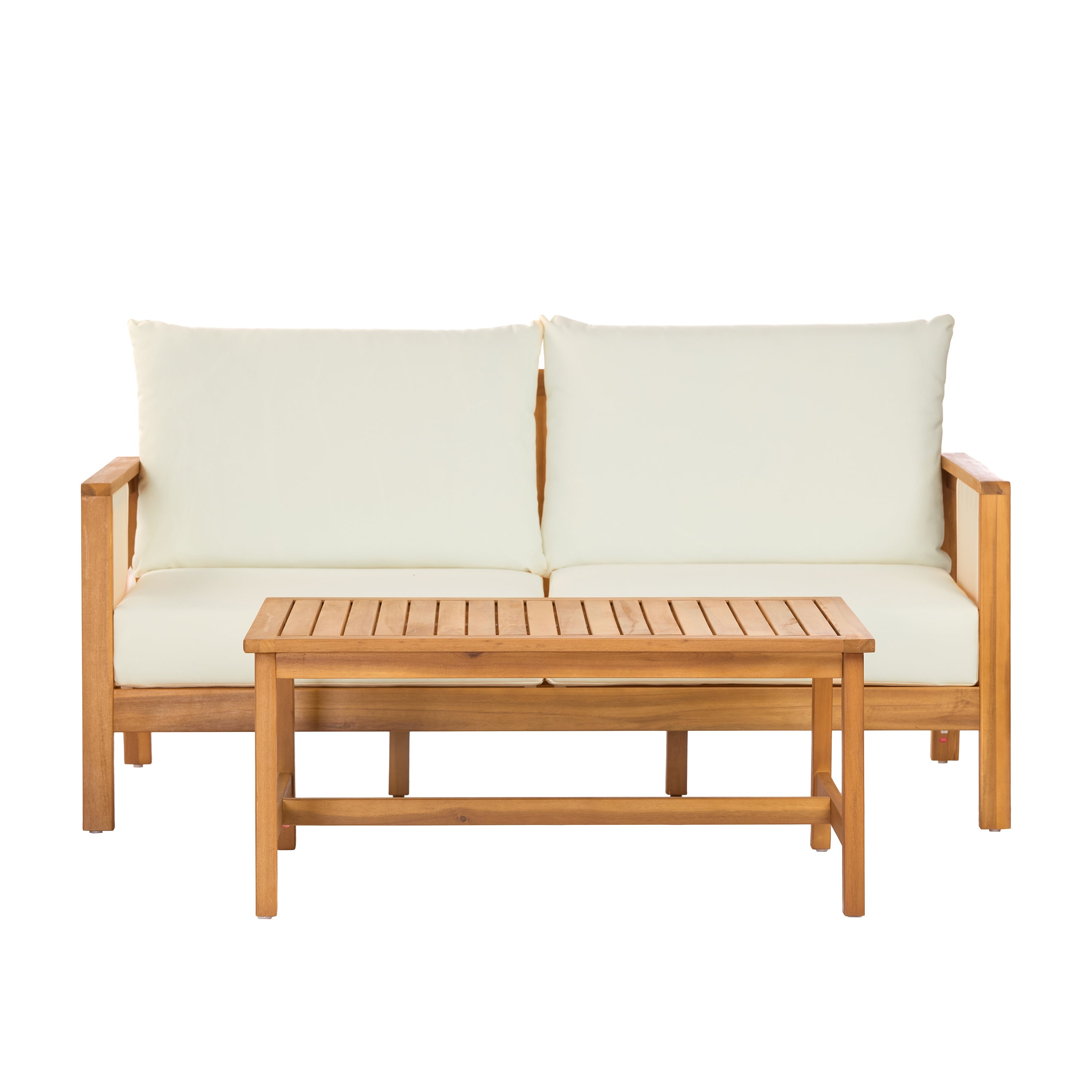 Outdoor Sofa Set Acacia Wood Teak Textilene Beige Cushion 2 Piece