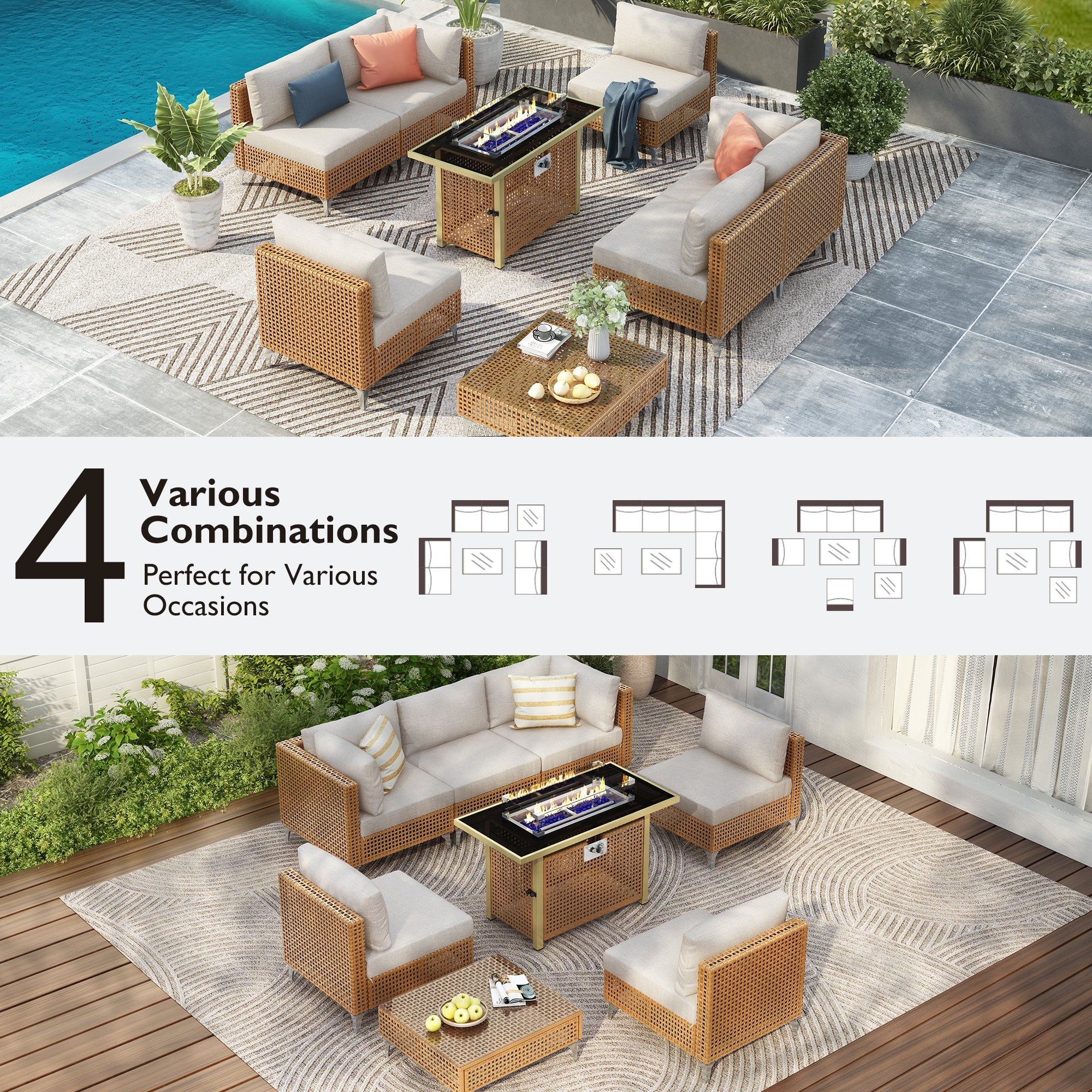 Outdoor Patio Set with Fire Pit Table Rattan Metal Beige 8 Piece