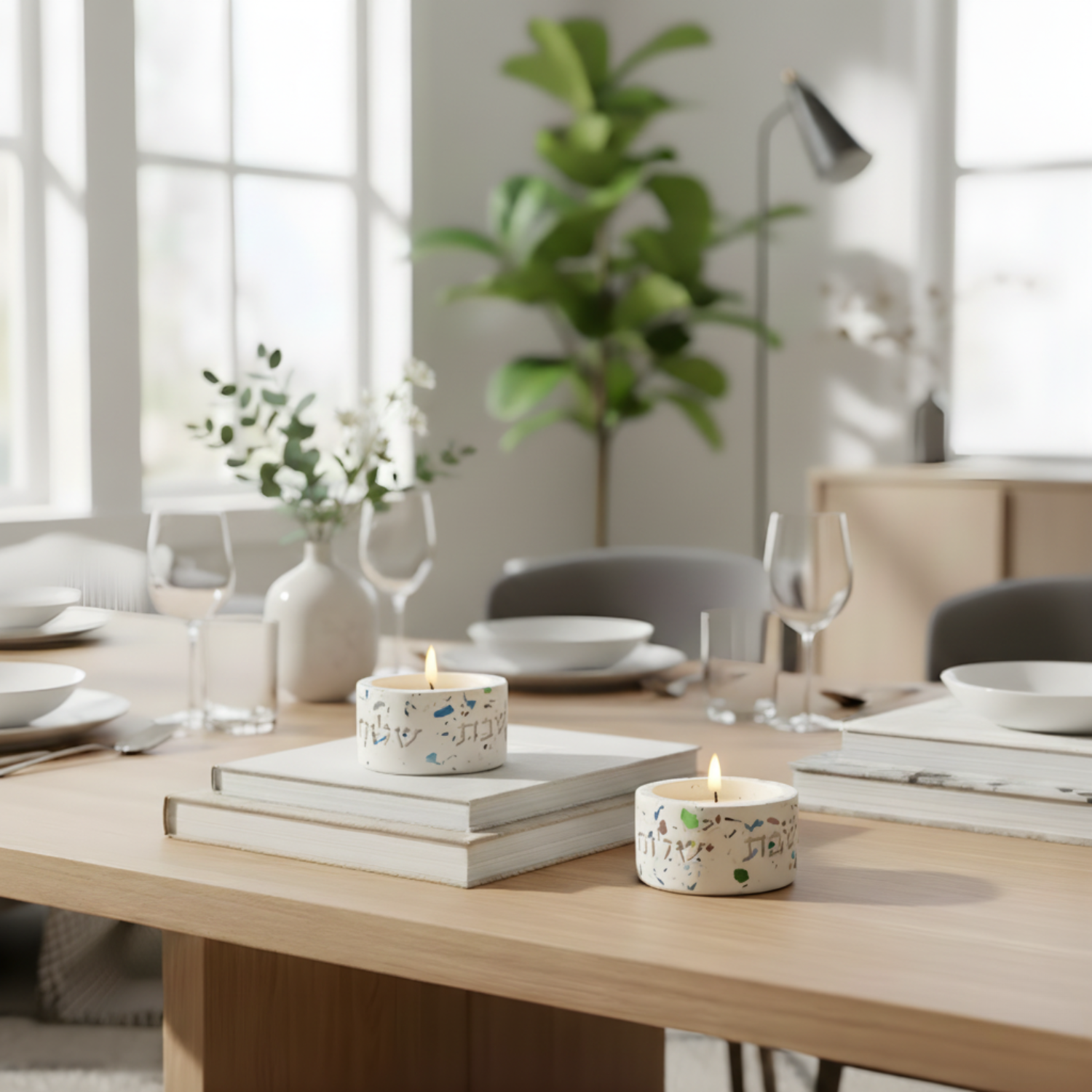 Candleholder designed for Shabbat made of rich terrazzo in luxurious colors, with "Shabbat Shalom" engraving - Terrazzo