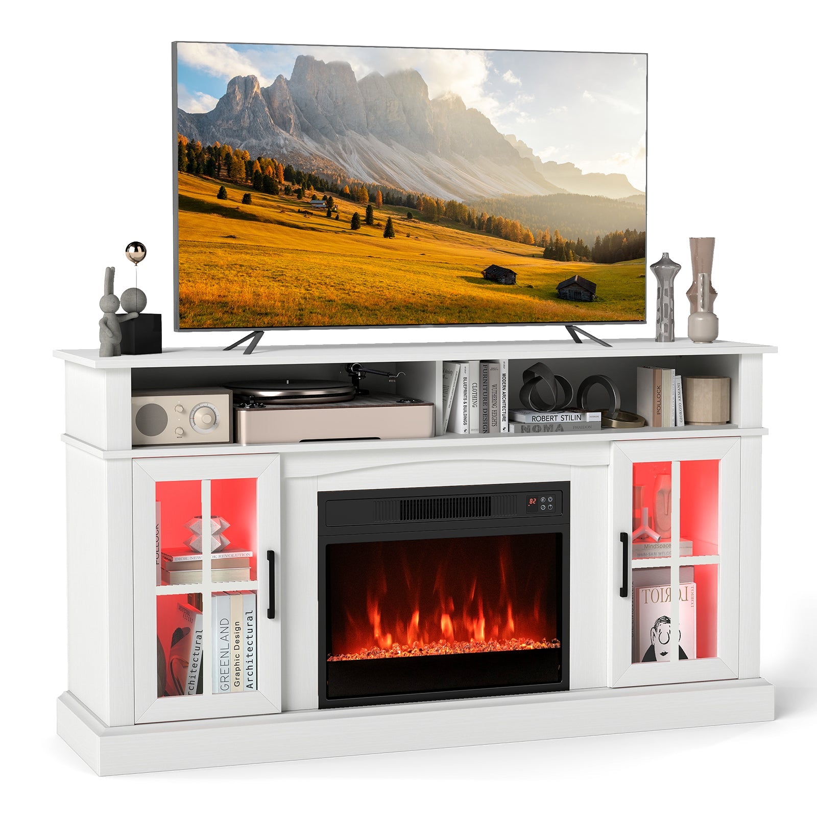 58 Inch Fireplace TV Stand with LED Lights with Storage Cabinets and Glass Doors