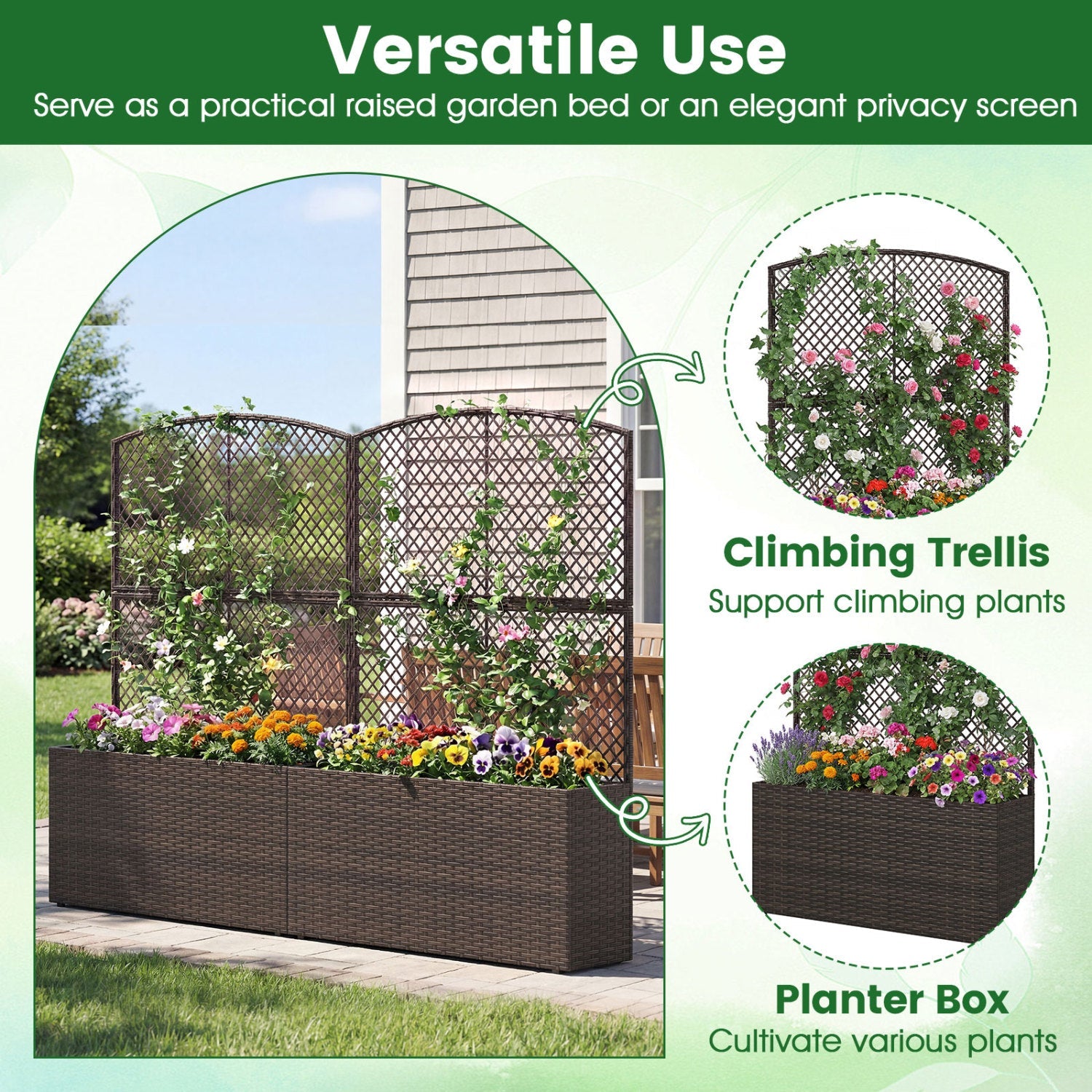 58 Inch Raised Garden Bed with Trellis and Wicker Planter Box