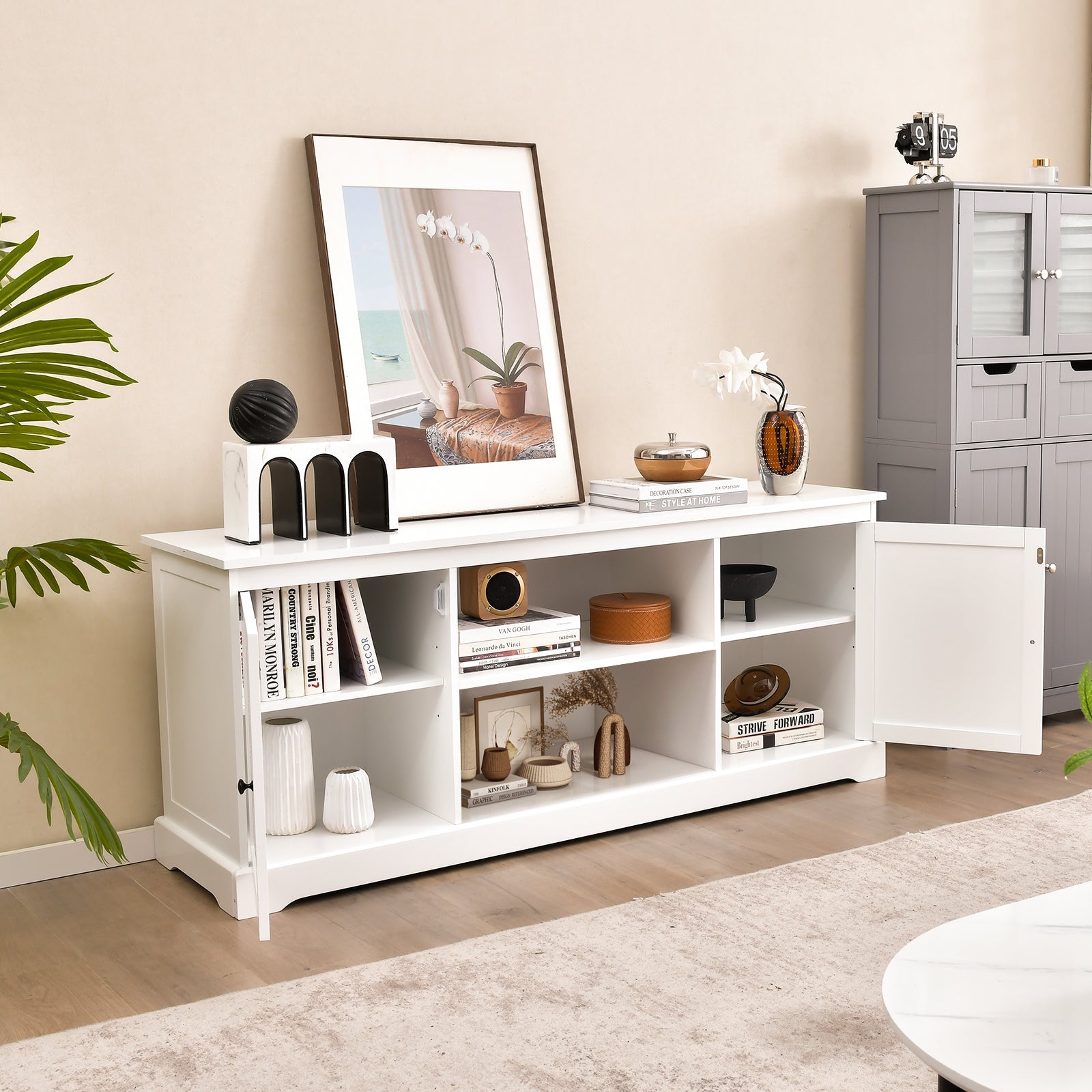 58 Inch TV Stand with 2 Cabinets and Adjustable Shelves for TVs up to 65 Inch-White
