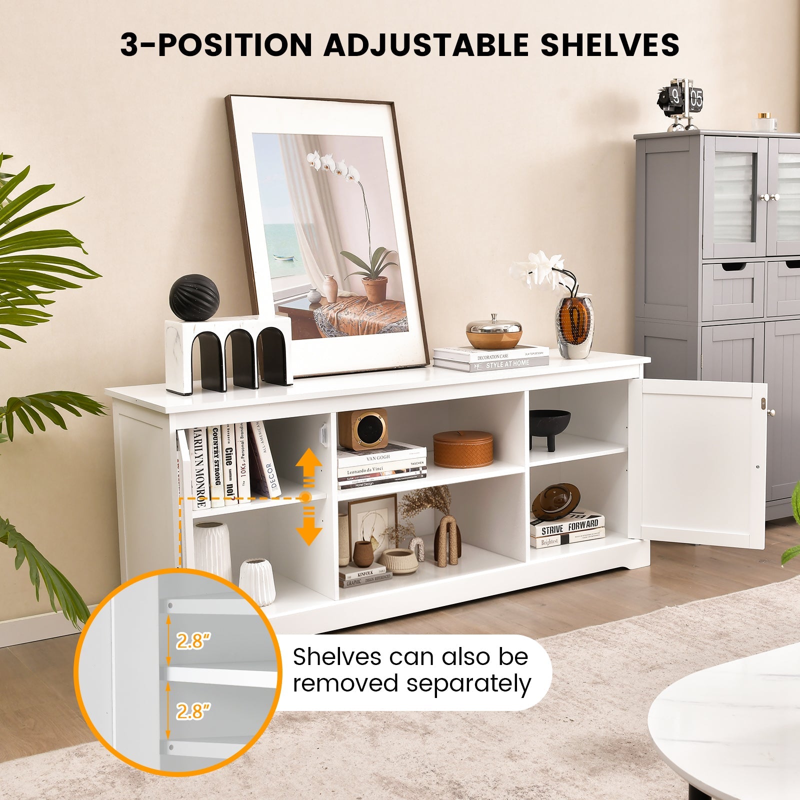 58 Inch TV Stand with 2 Cabinets and Adjustable Shelves for TVs up to 65 Inch-White