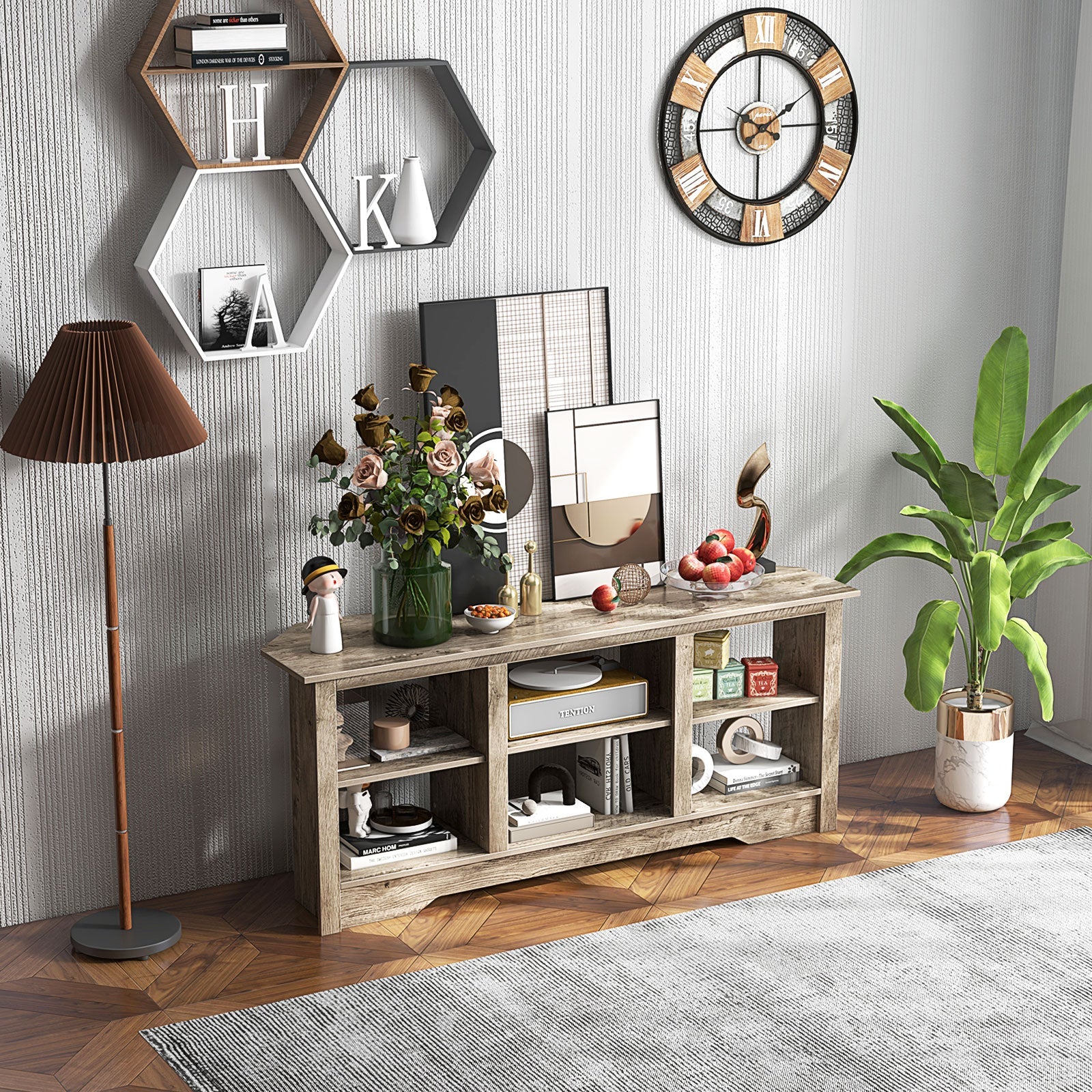 58 Inch TV Stand with 6 Open Storage Shelves for TVs up to 65 Inches