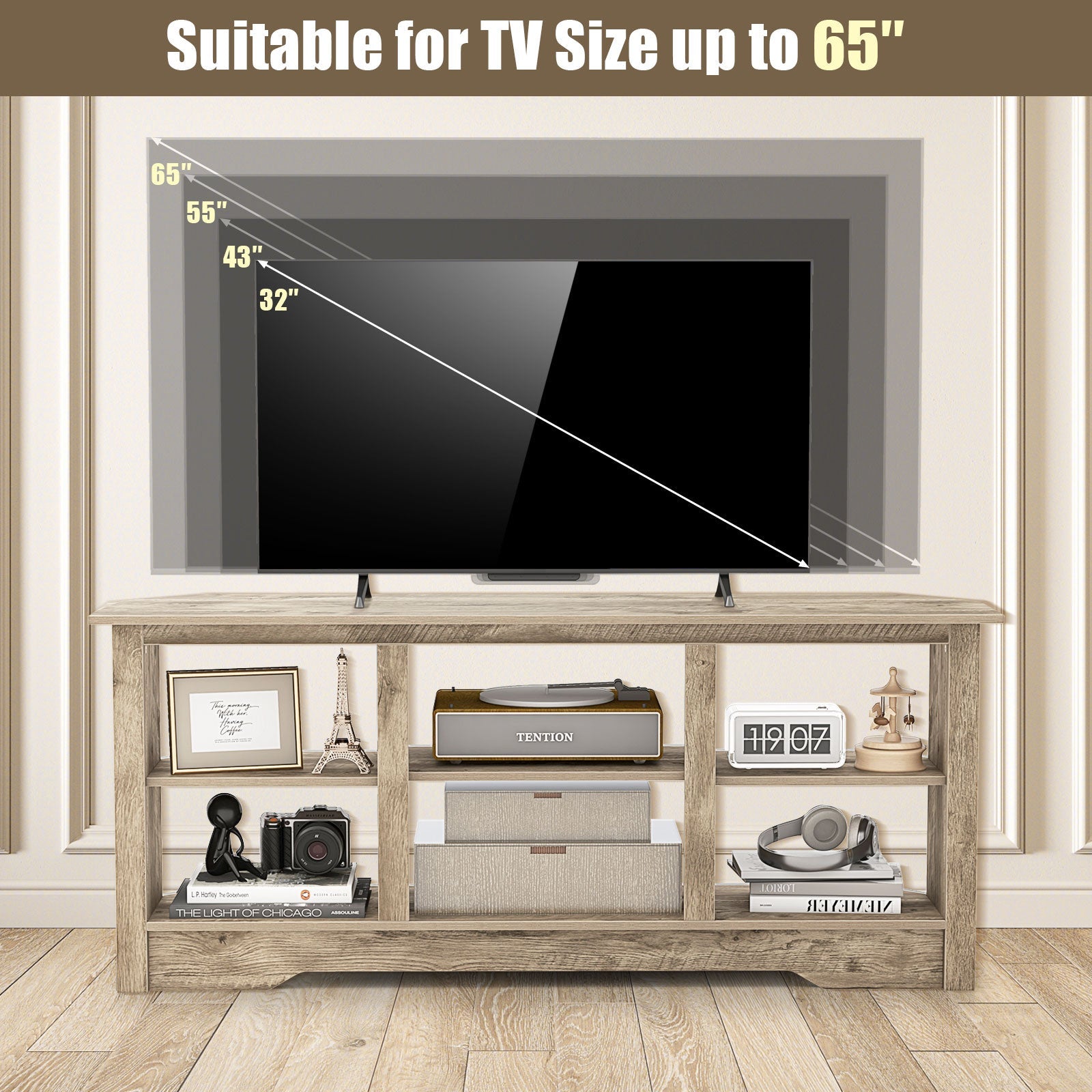 58 Inch TV Stand with 6 Open Storage Shelves for TVs up to 65 Inches