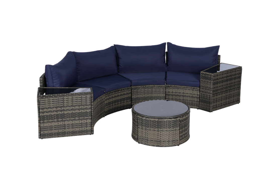 Outdoor Sectional Set PE Rattan Steel Dark Blue Half Moon 7 Piece 380 LB