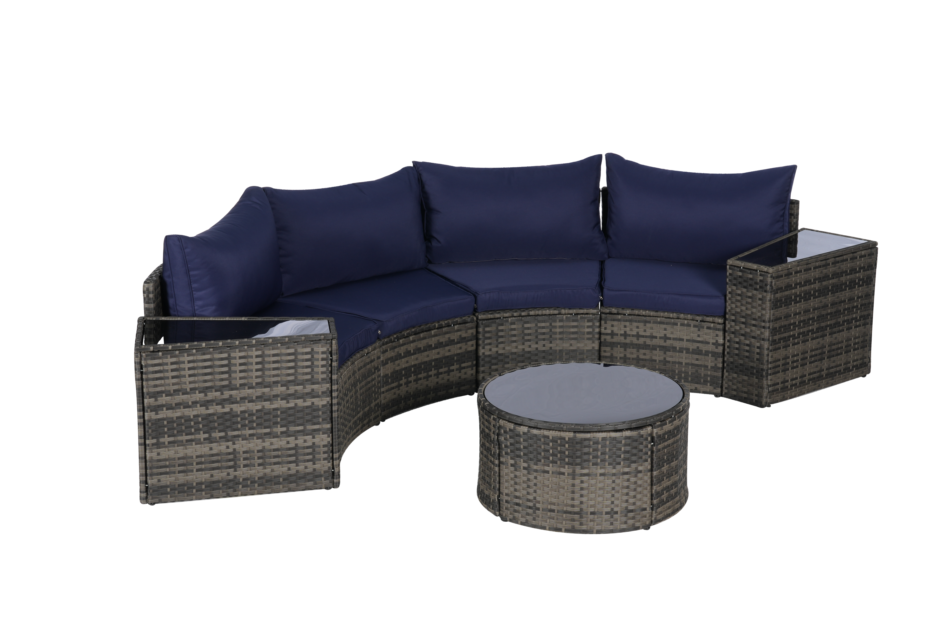 Outdoor Sectional Set PE Rattan Steel Dark Blue Half Moon 7 Piece 380 LB