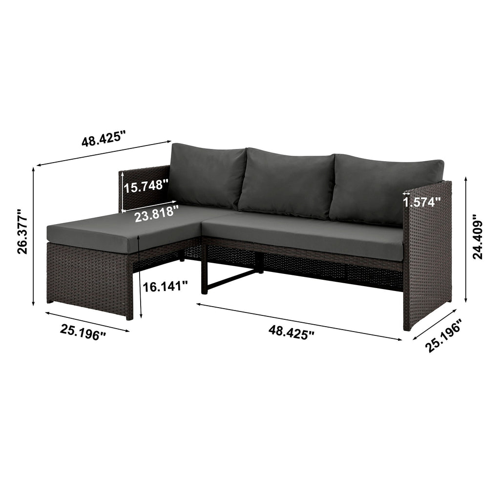 Outdoor Patio Set PVC Rattan Steel Brown Gray 3 Piece with Chaise
