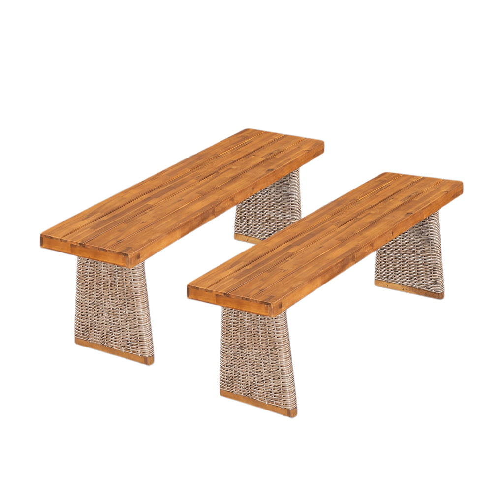 Outdoor Dining Set Acacia Wood Brown 3 Piece Table 2 Benches Rattan Legs