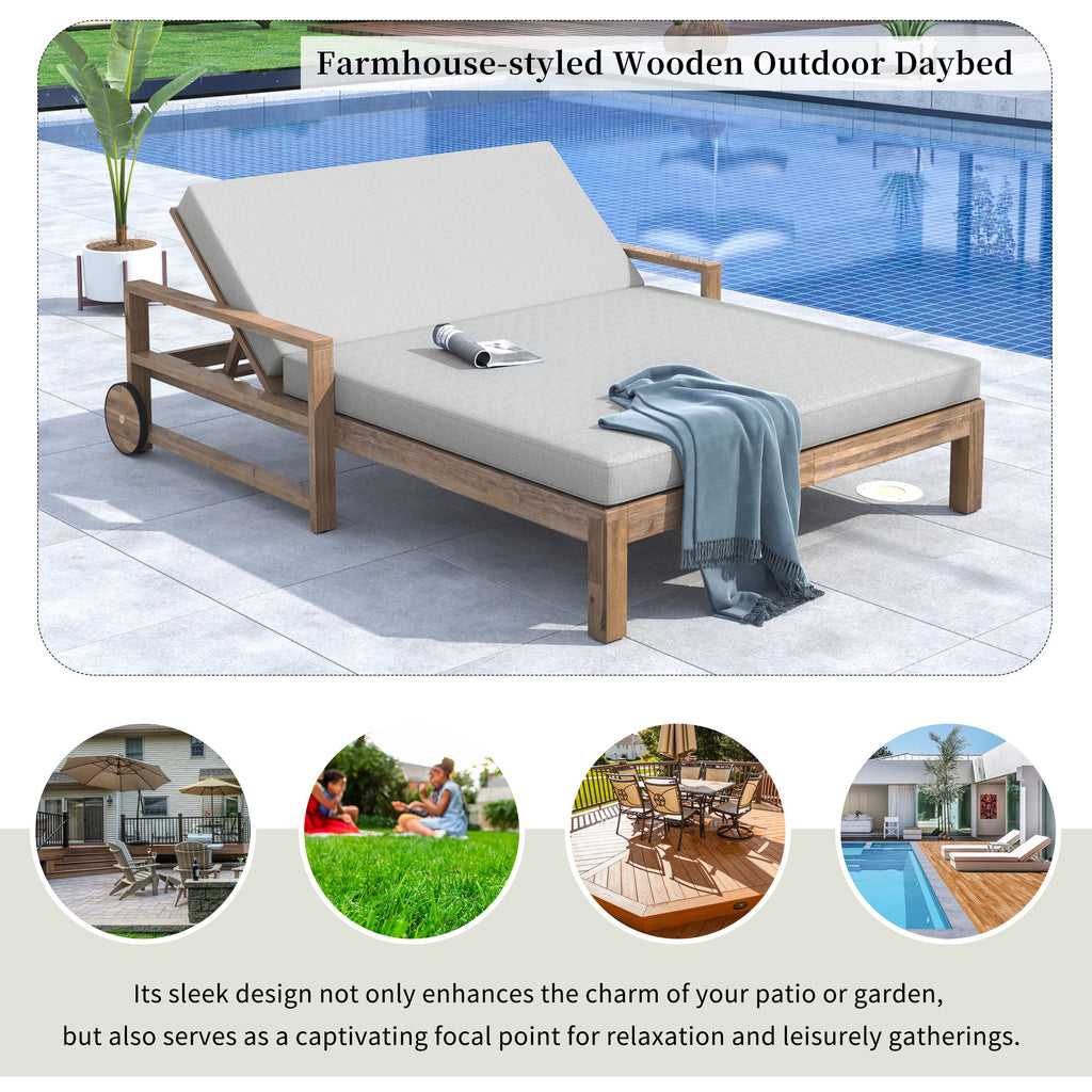 Outdoor Daybed Acacia Wood Farmhouse Gray with Wheels 2 Person
