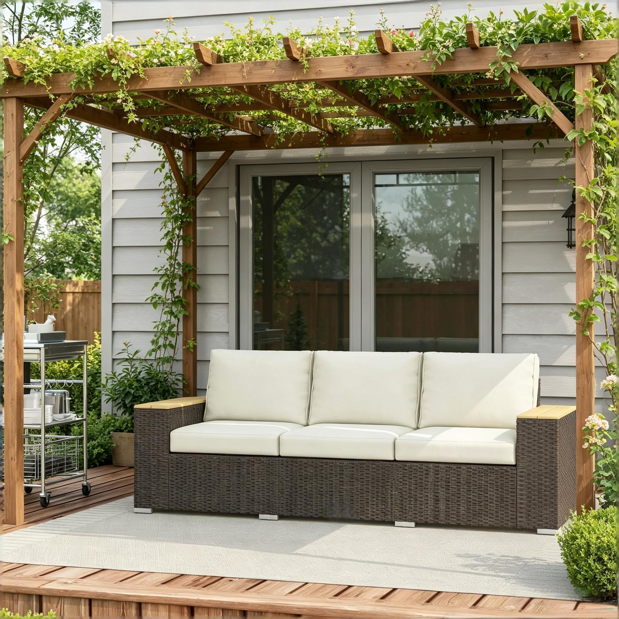 Outdoor Sofa PE Rattan Beige 3 Seat 89in Deep Seat 726 LB