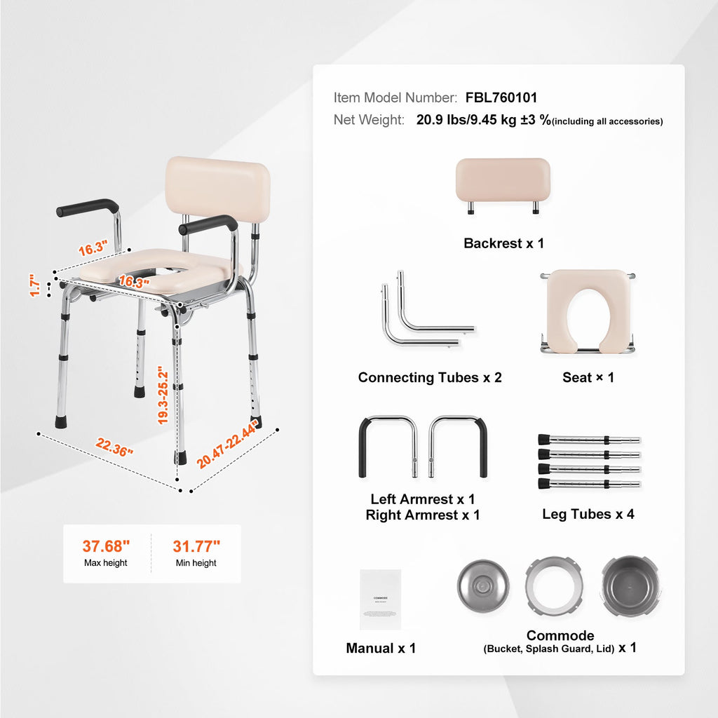 Commode Chair Padded Seat Drop-Down Arms 7-Level Adjustable Steel 350 LB