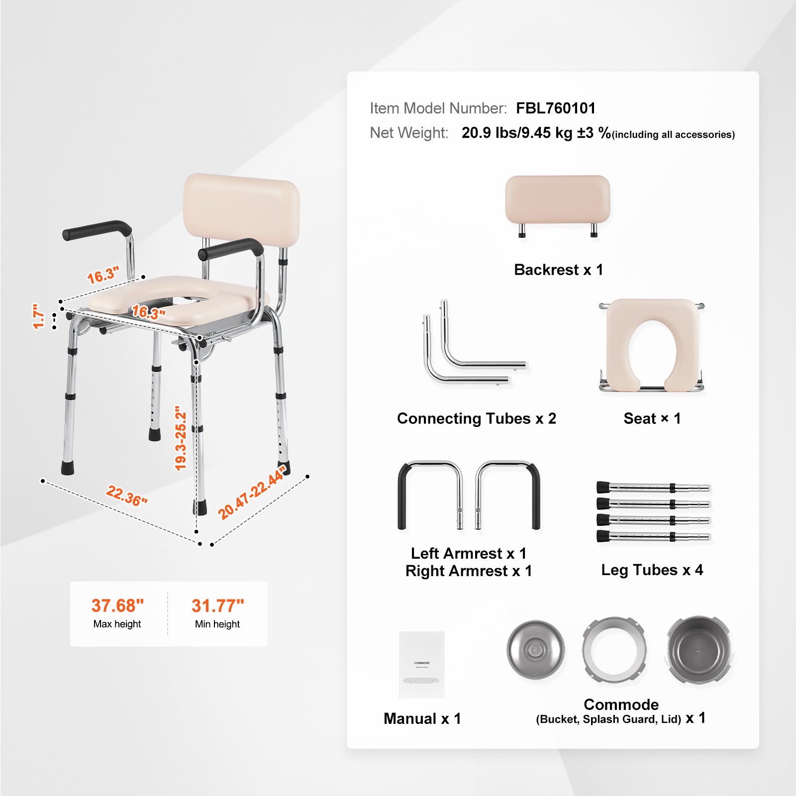 Commode Chair Padded Seat Drop-Down Arms 7-Level Adjustable Steel 350 LB