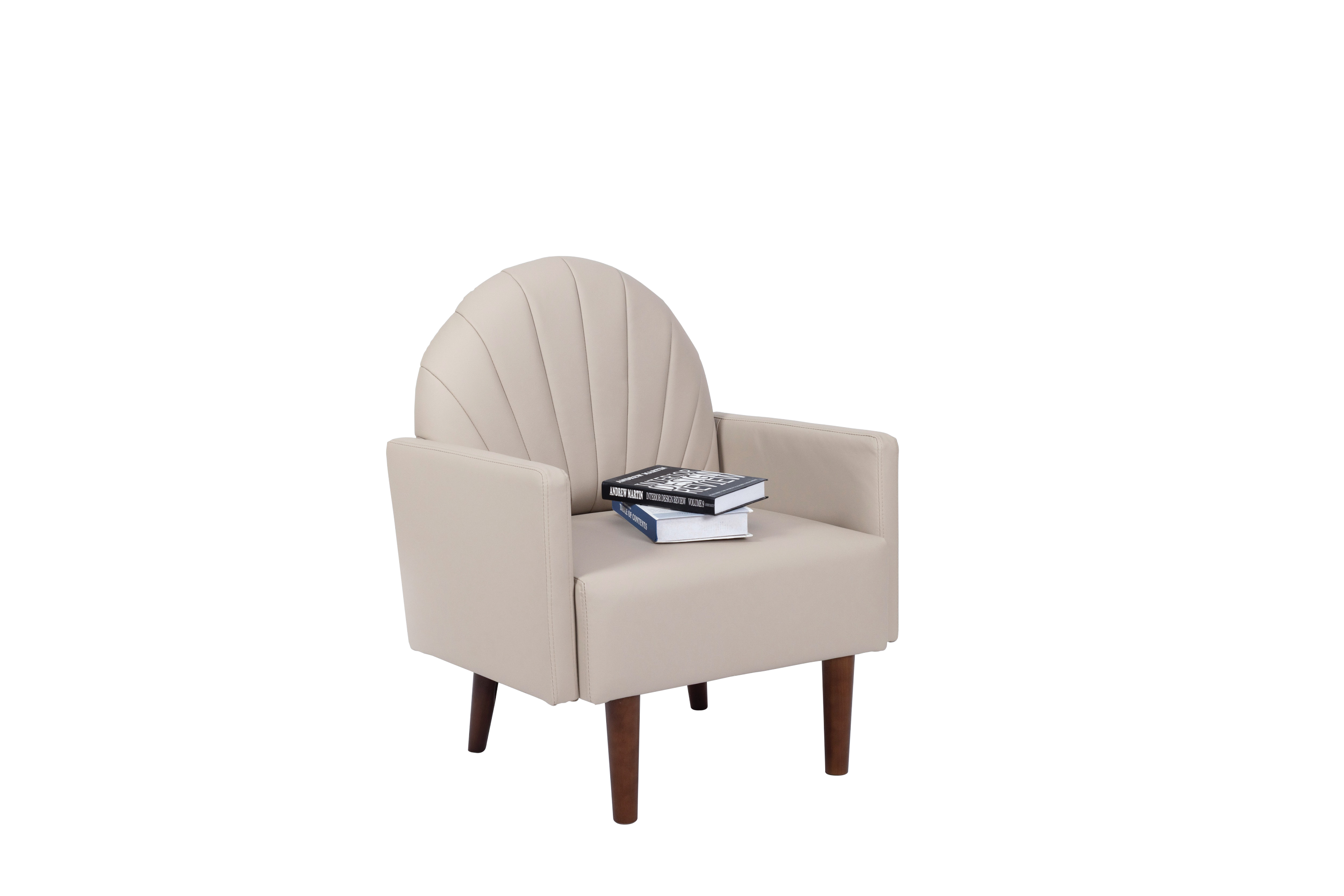 Accent Chair Shell-Shape PU Leather Khaki Solid Wood Legs Easy Assembly