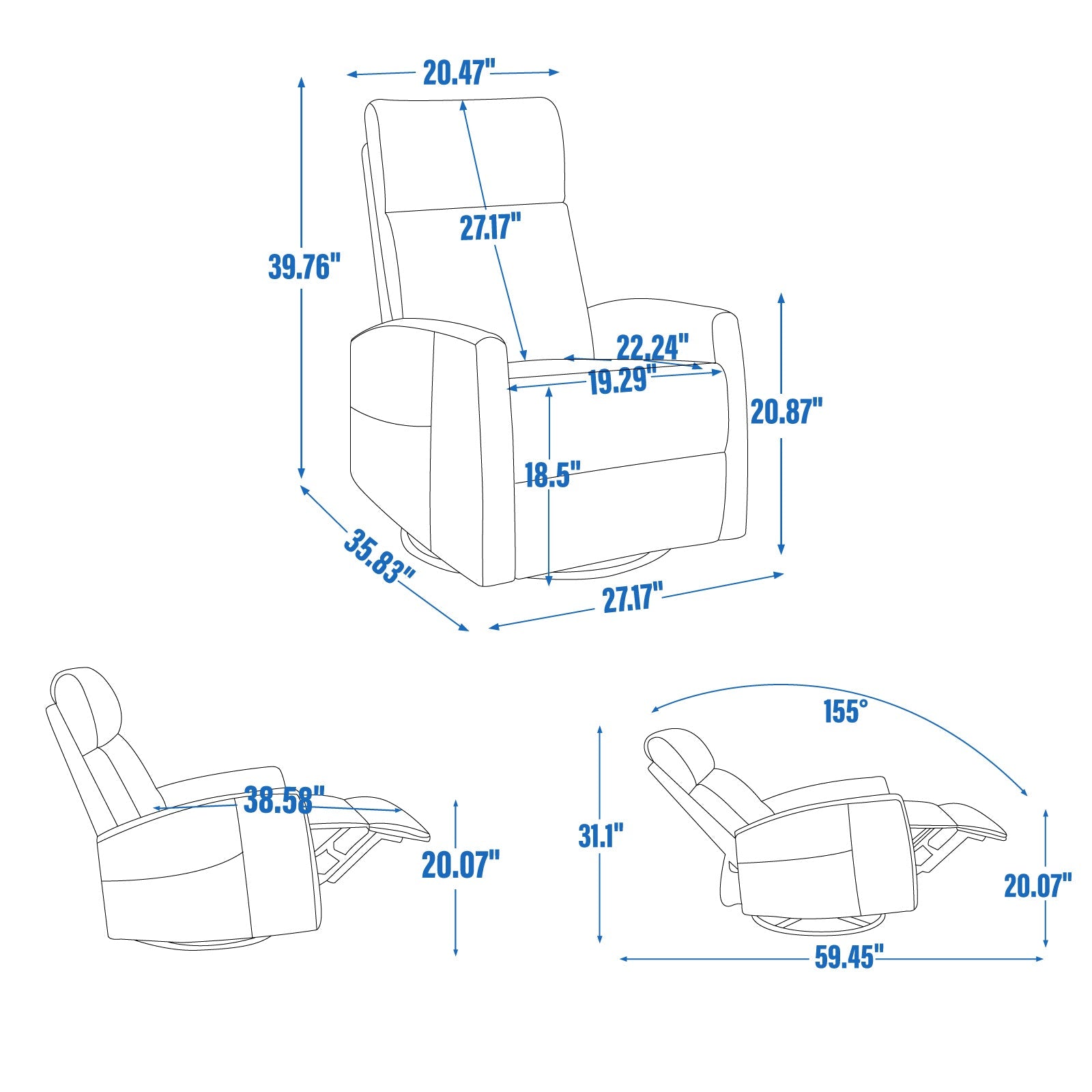 Recliner Chair Swivel Rocker Polyester Brown 360 Degree Heat Massage 155