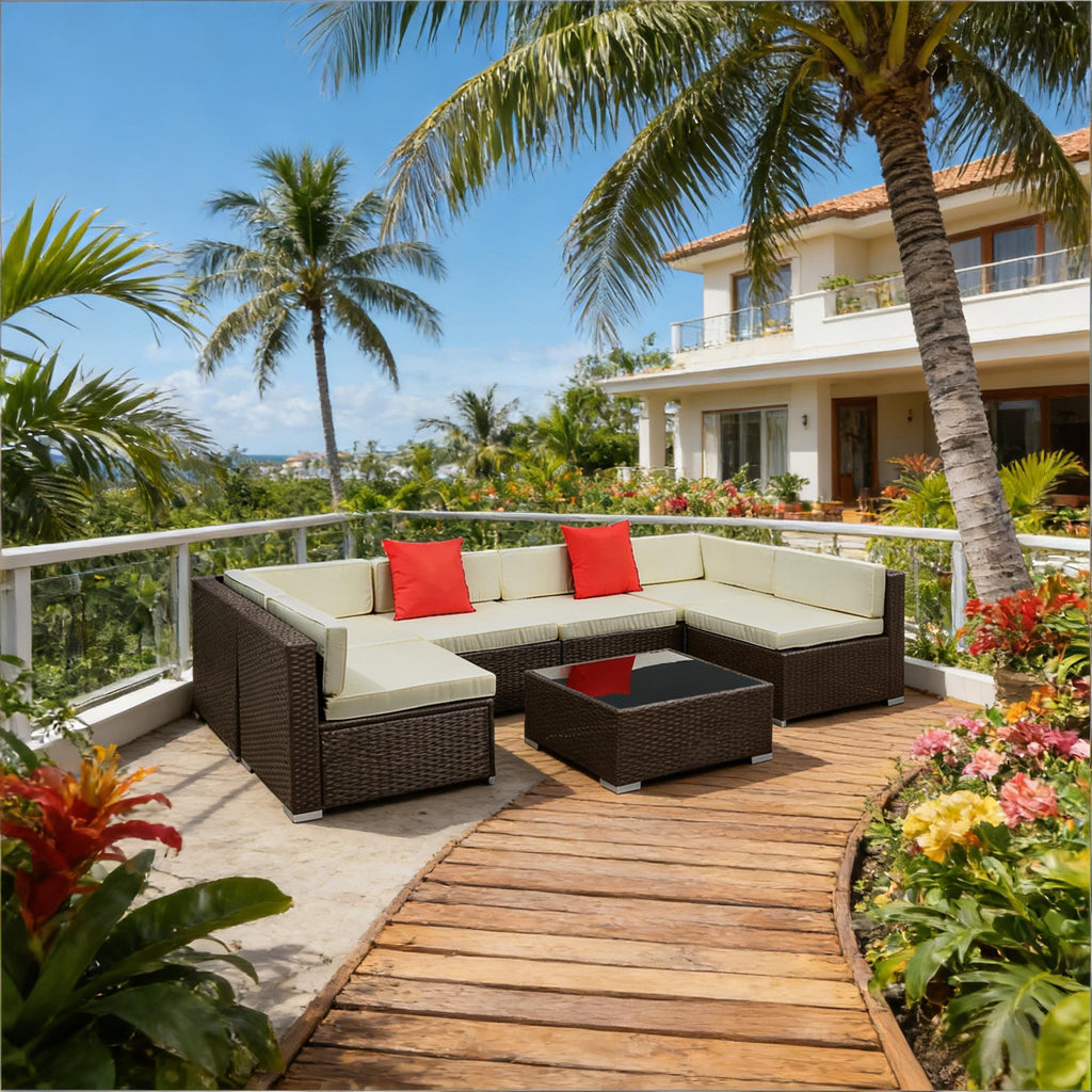 Outdoor Sectional Set PE Rattan Steel Beige Cushion 7 Piece L-Shape Seats 6