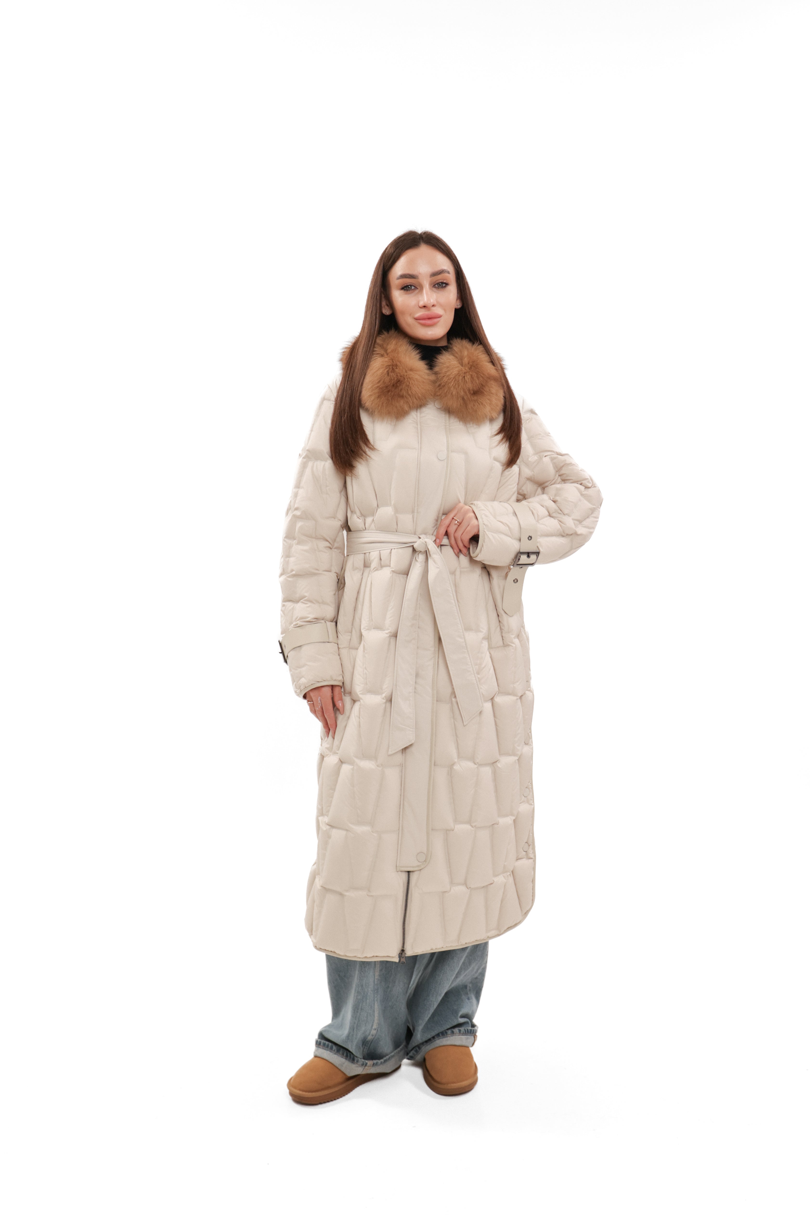 Riley Genuine Fur Trim Down Fill Coat in Ivory