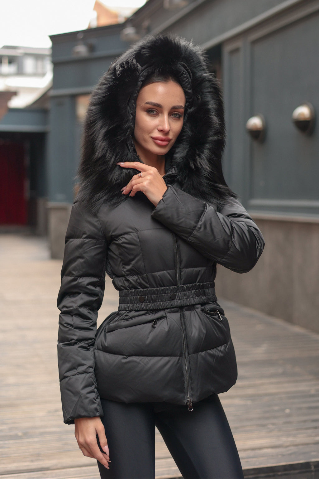 Astrid Genuine Fur Trim Down Coat in Black