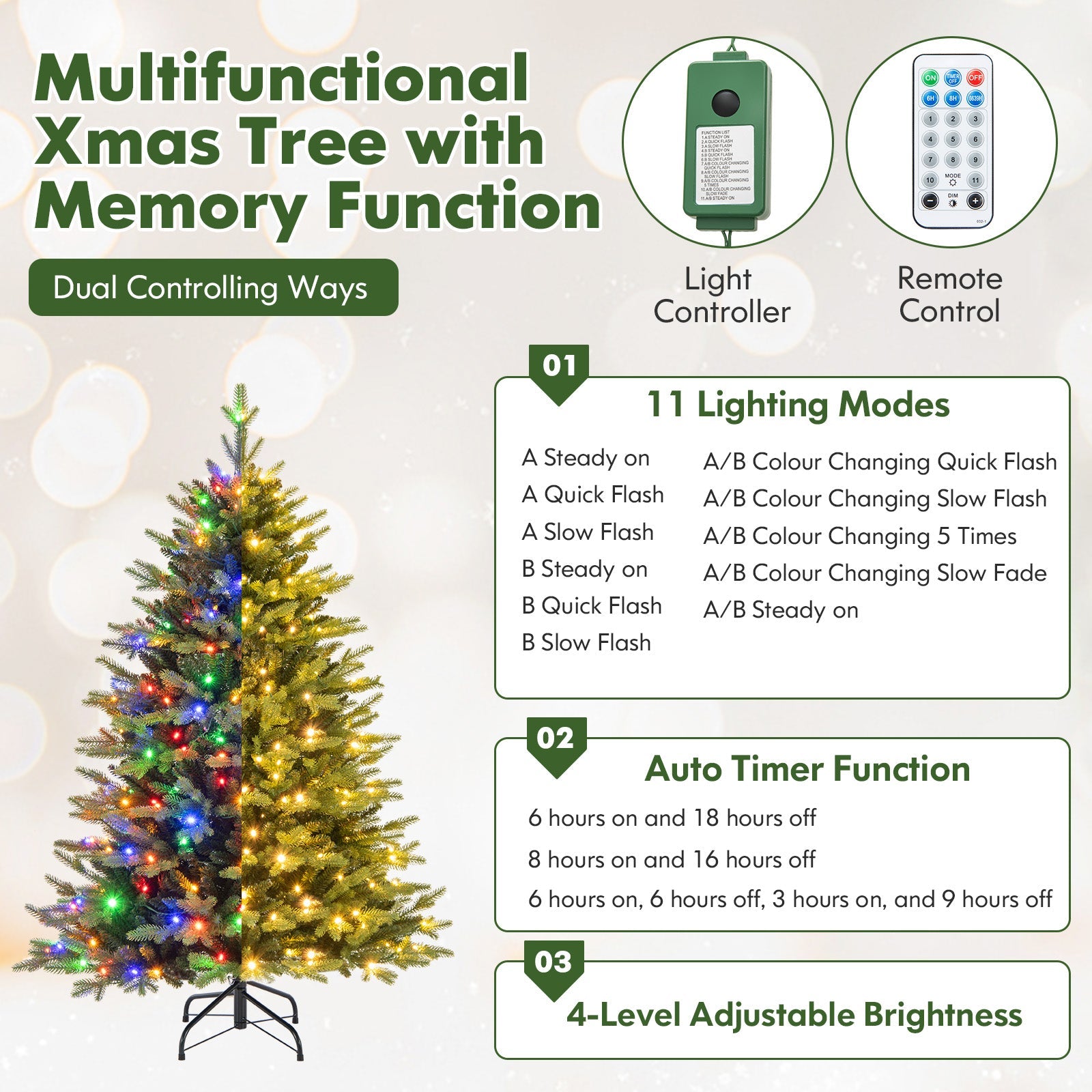 5 Feet Artificial Xmas Tree Hinged with 11 Lighting Modes and Remote Control