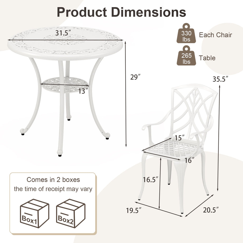 5 Piece Patio Cast Aluminum Dining Table Chair Set Bistro Set with Umbrella Hole-White