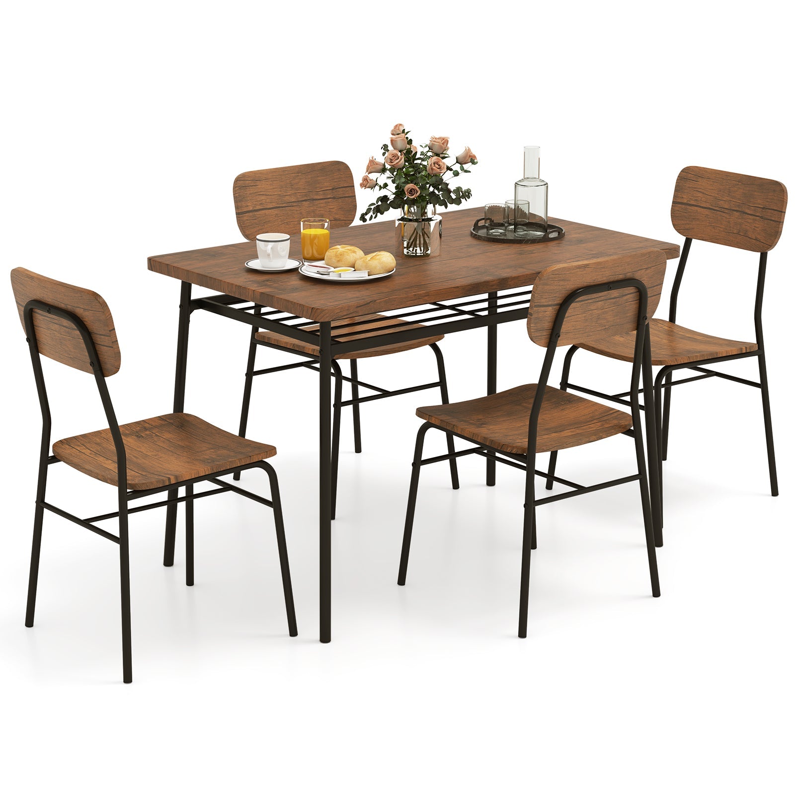 5-Piece Table Set for 4 with Metal Frame and Storage Rack-Brown