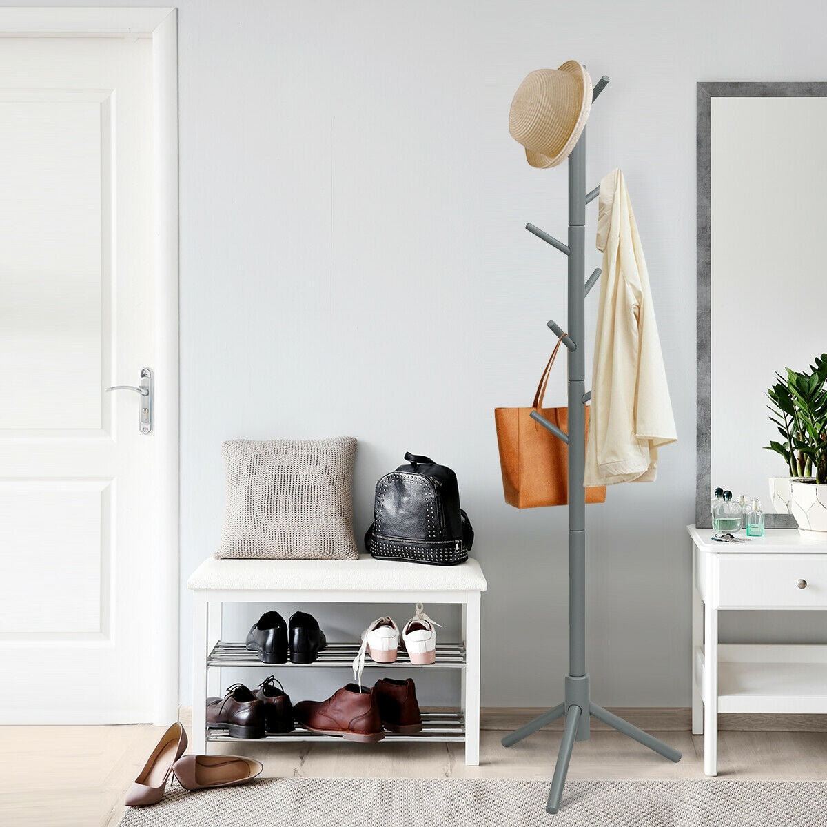 2 Heights Wooden Coat Rack with 8 Hooks