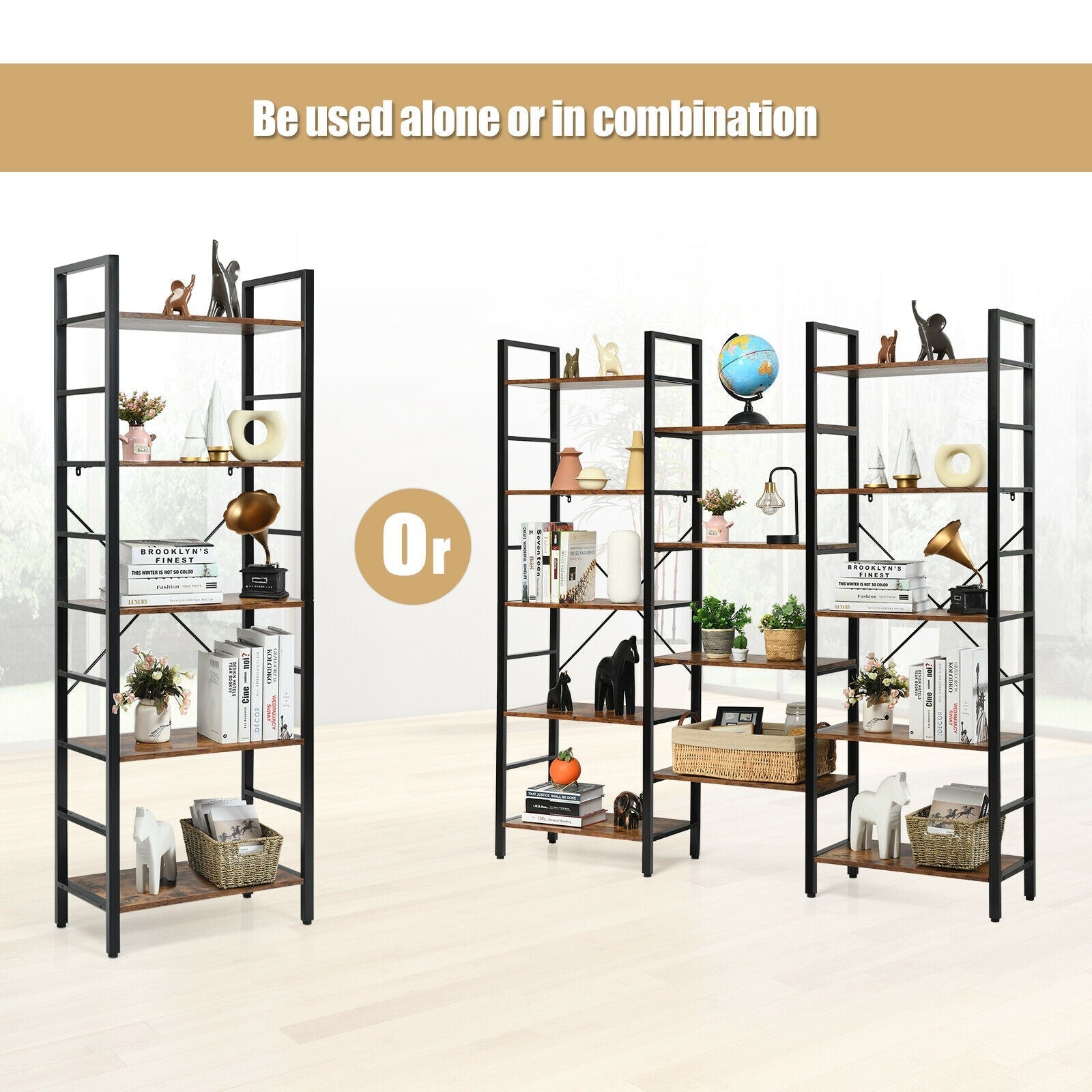 Vintage Triple Wide 5-Tier Bookcase Large Bookshelf Display Storage Shelf