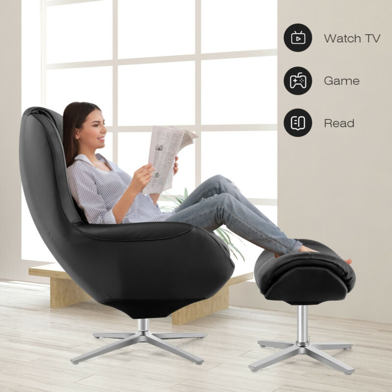 360¬∞ Swivel Leather Lounge Chair with Ottoman and Aluminum Alloy Base