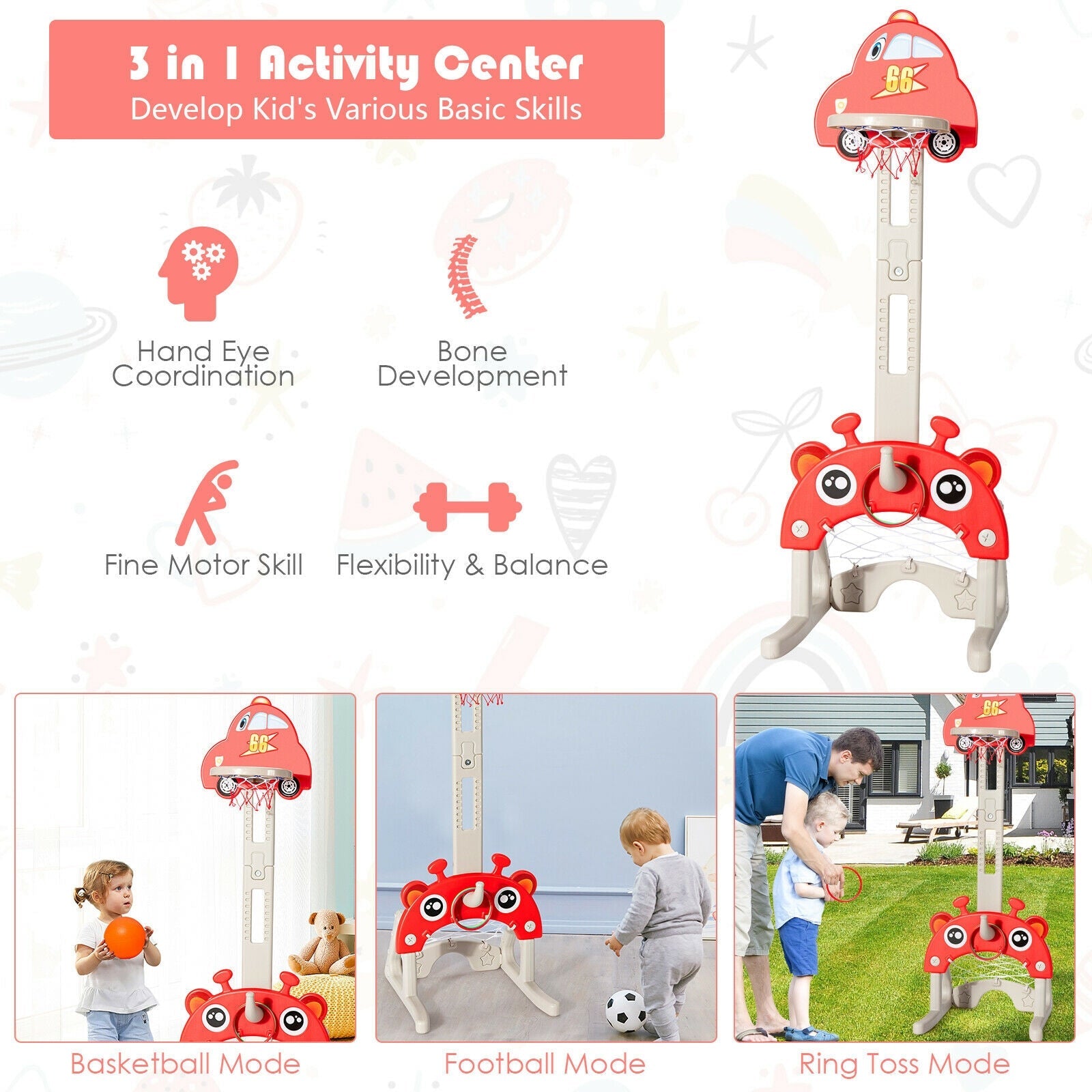 3-in-1 Basketball Hoop for Kids Adjustable Height Playset with Balls-Red
