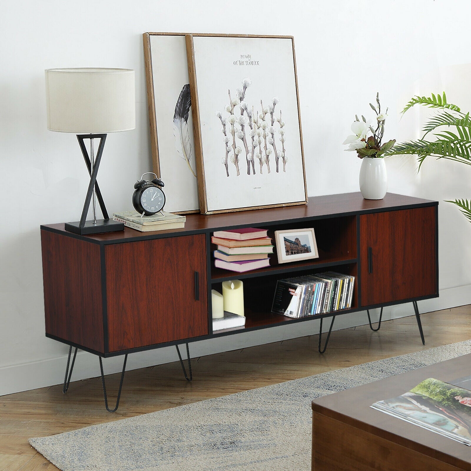 Retro Modern TV Stand with 6 Metal Legs for TVs up to 65 Inch with 2 Cable Holes
