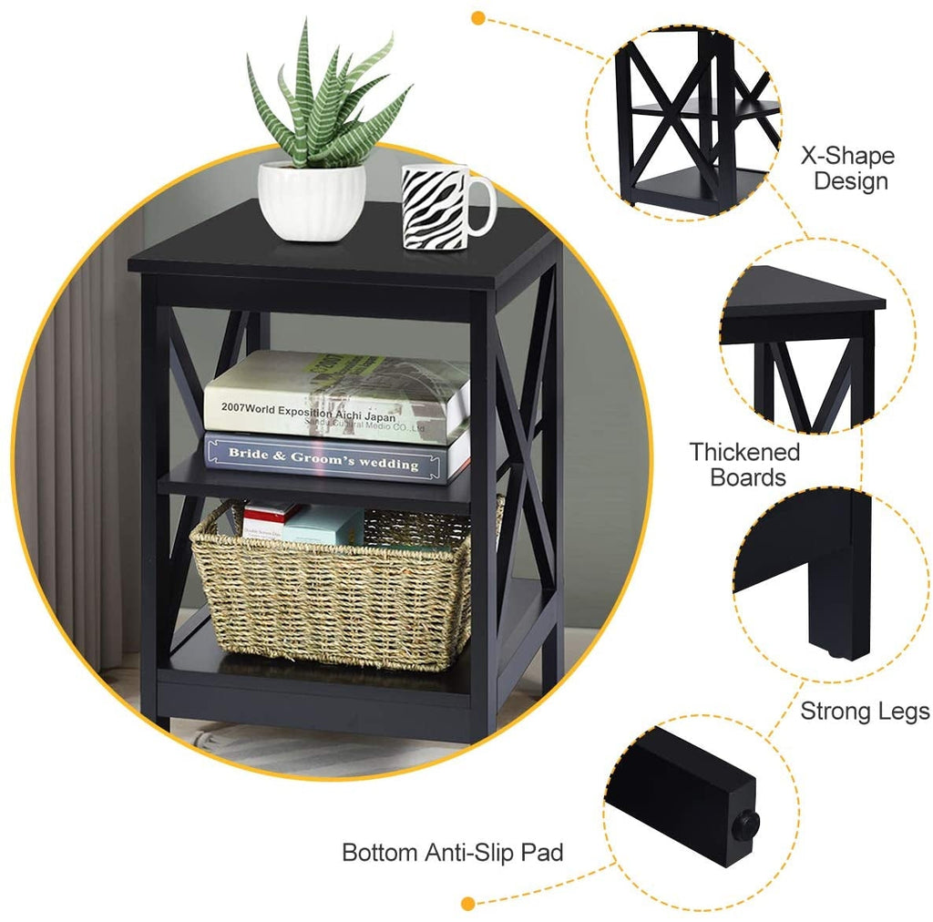 3-Tier X-Design Nightstands with Storage Shelves for Living Room Bedroom