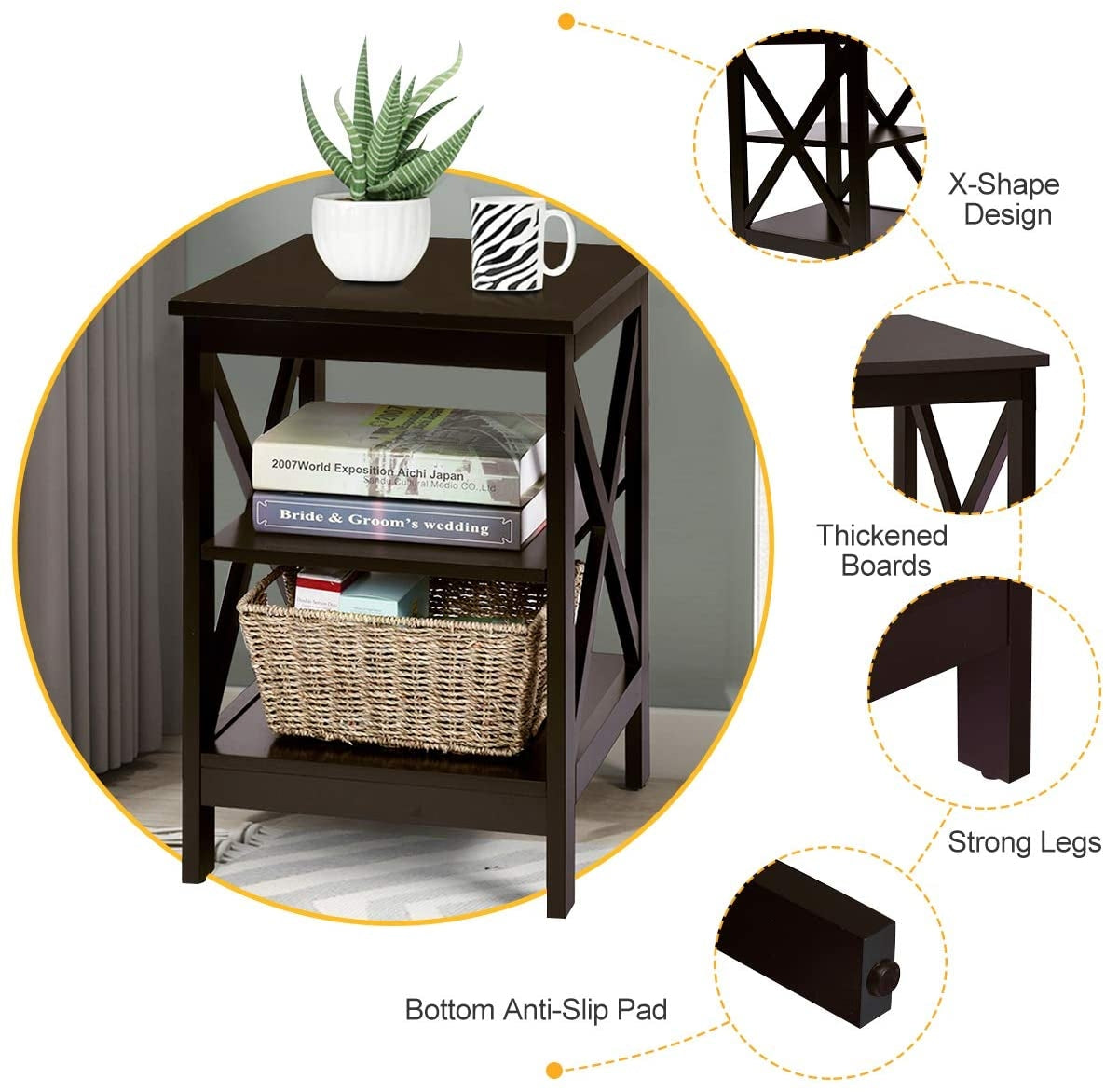 3-Tier X-Design Nightstands with Storage Shelves for Living Room Bedroom