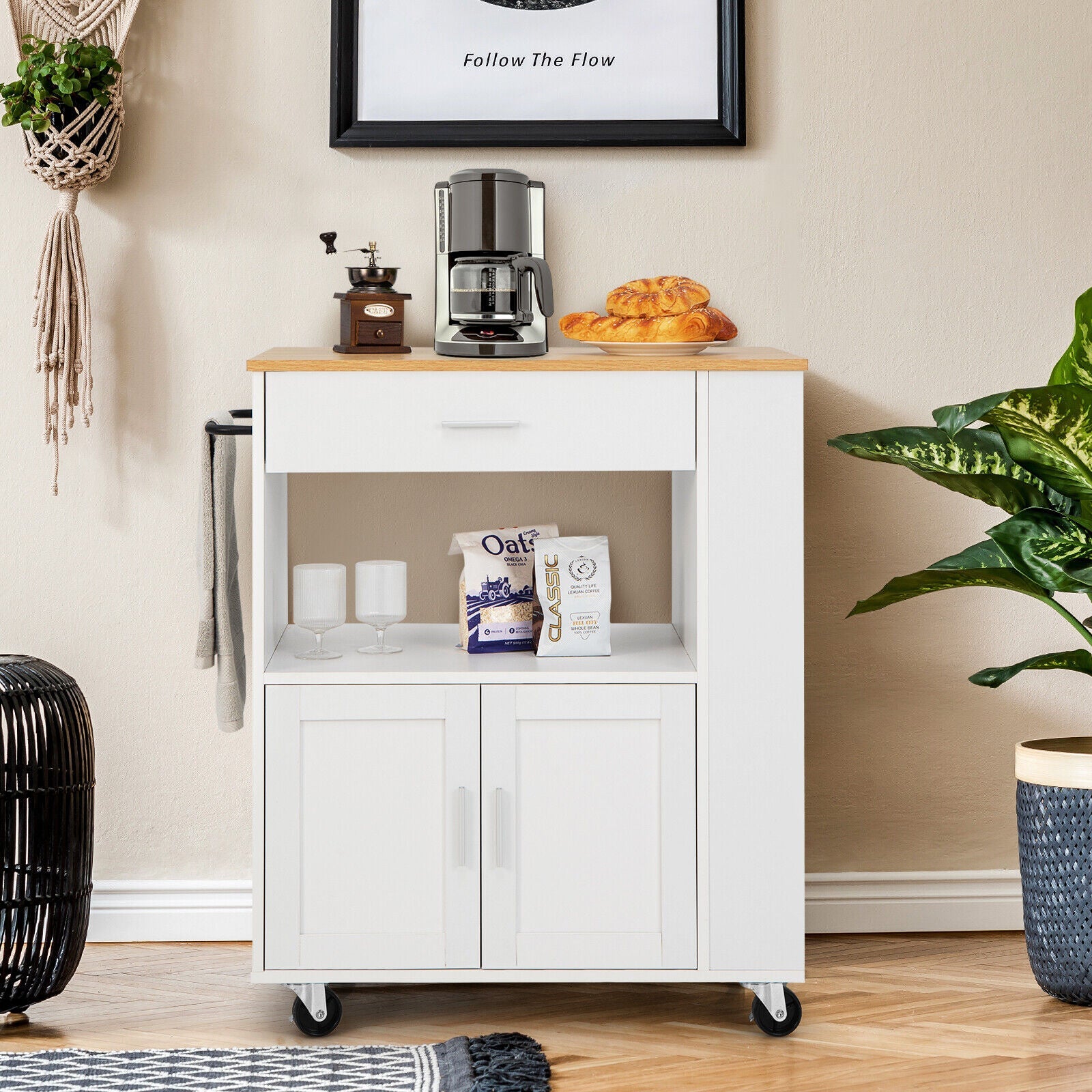 Rolling Kitchen Trolley with 3 Spice Racks Drawer and Open Shelf