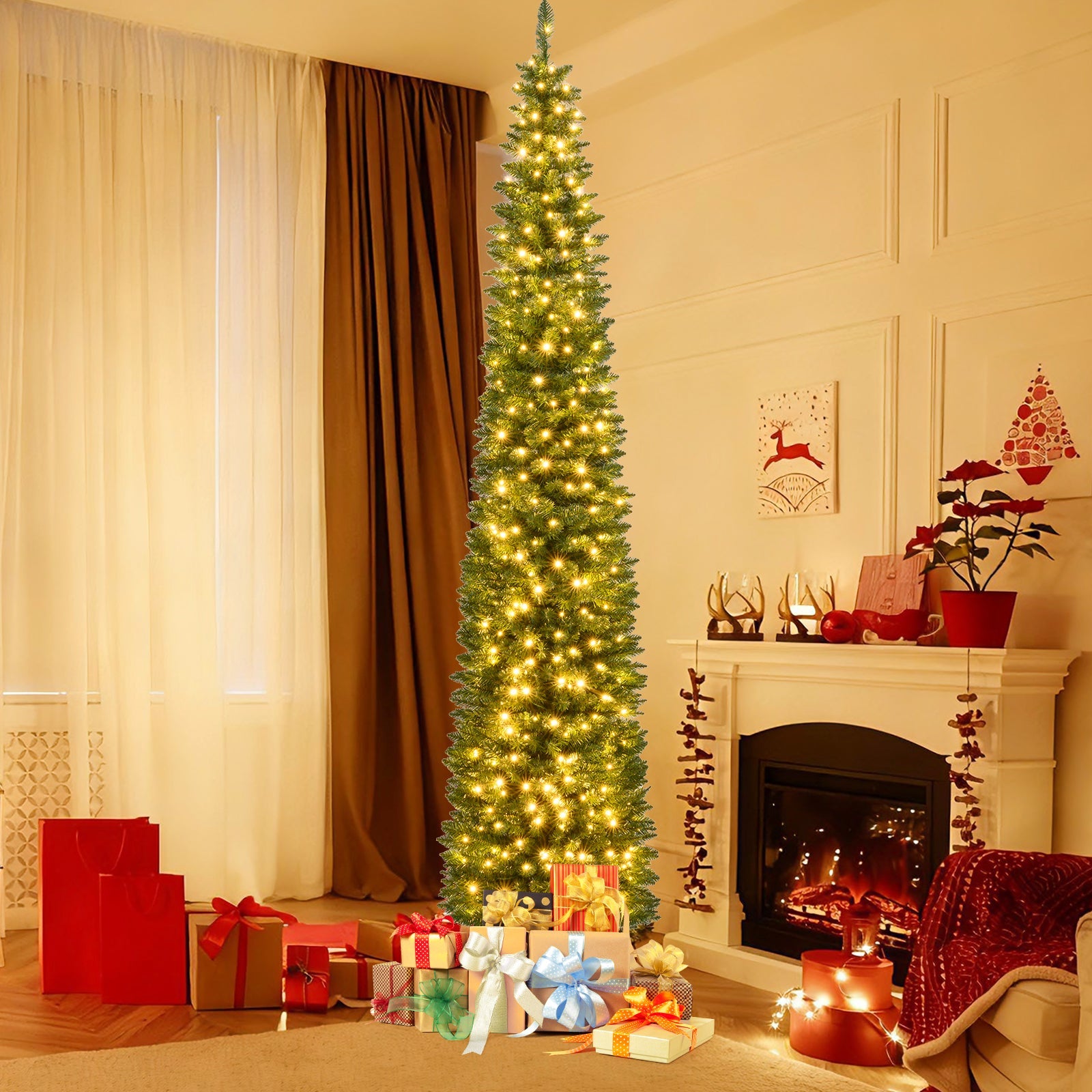 5/6/7/8/9 Feet Pre-lit Pencil Artificial Christmas Tree with 150/180/200//300/400 Warm White LED Lights