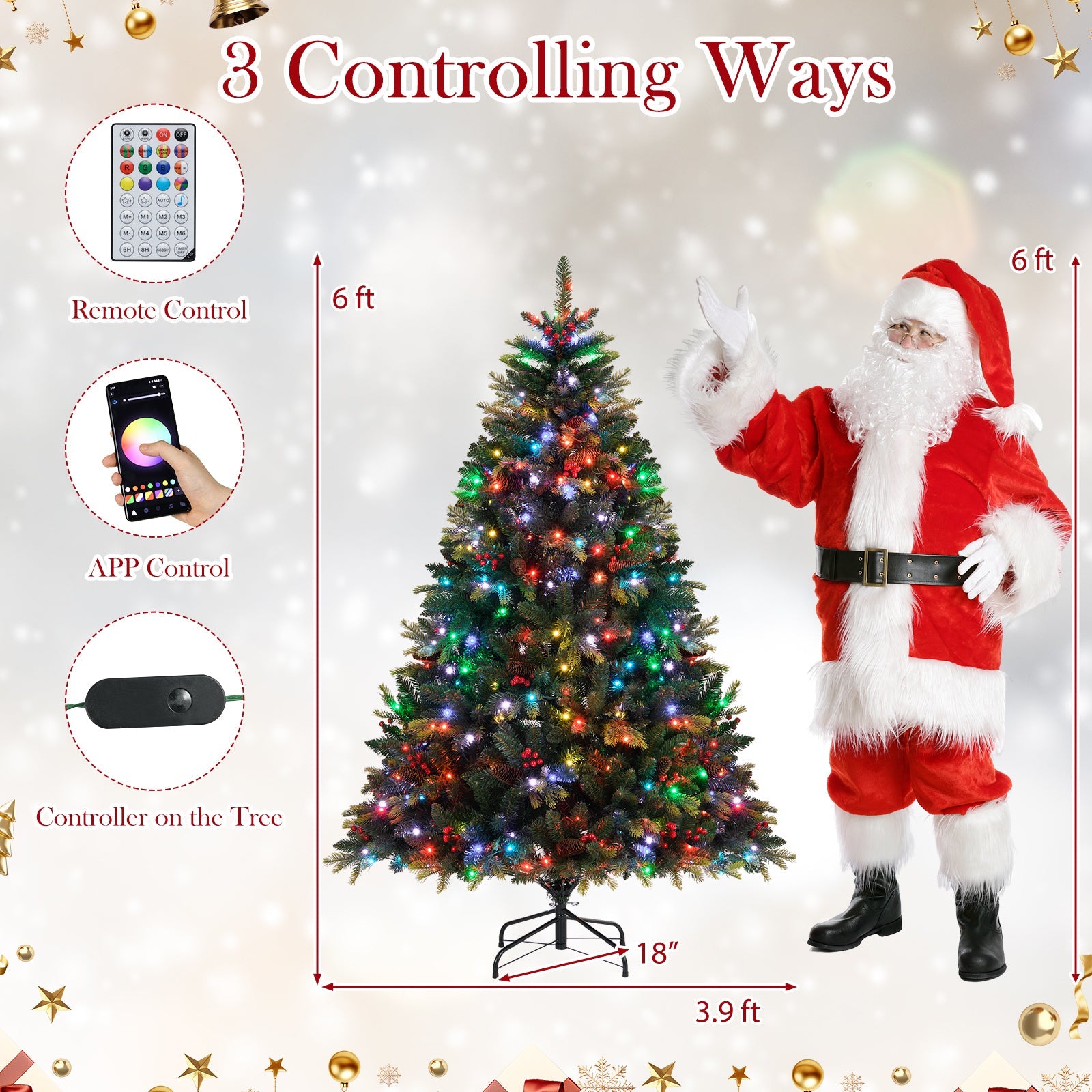 5/6/7/8 FT Artificial Christmas Tree with LED Lights and Remote APP Control