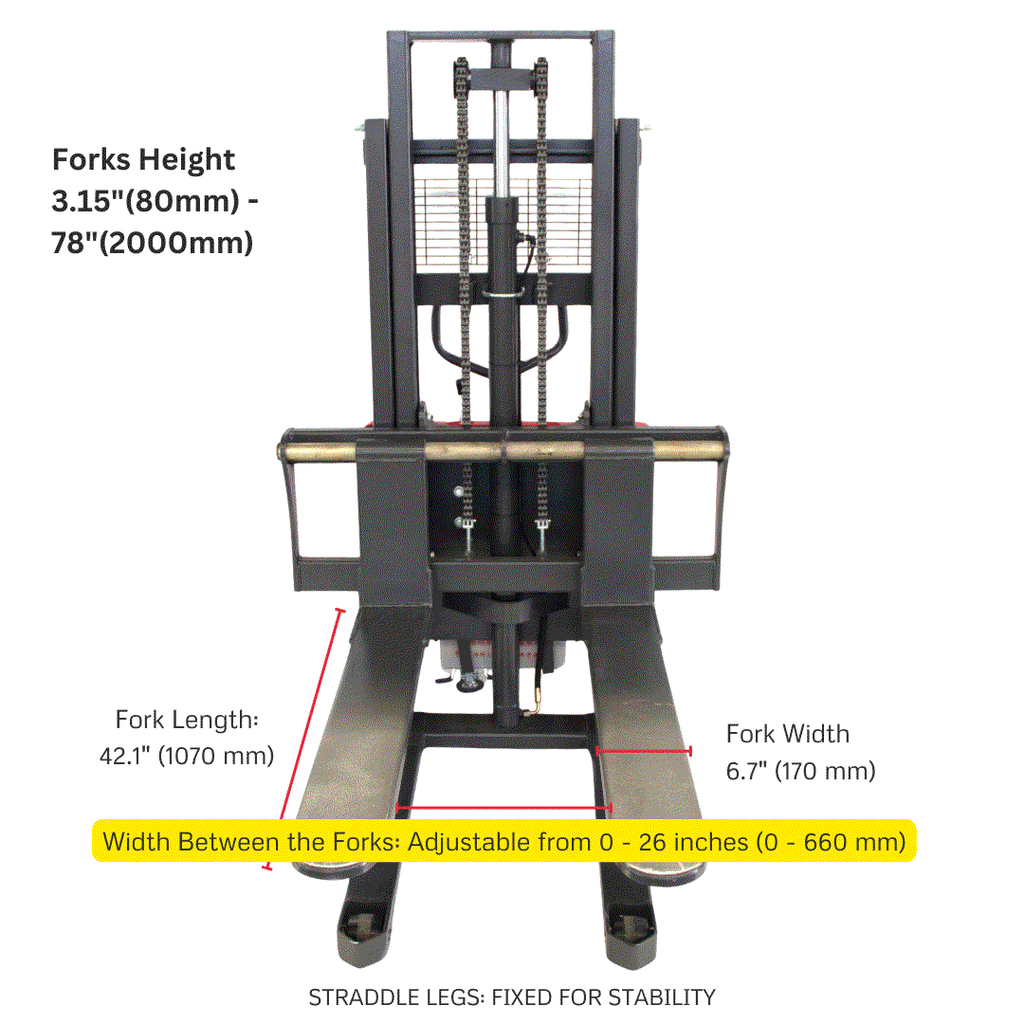 PS3300SE-2M Semi-Electric Pallet Stacker, 3300 lbs Capacity, 78" Lifting Height with Fixed Straddle Legs
