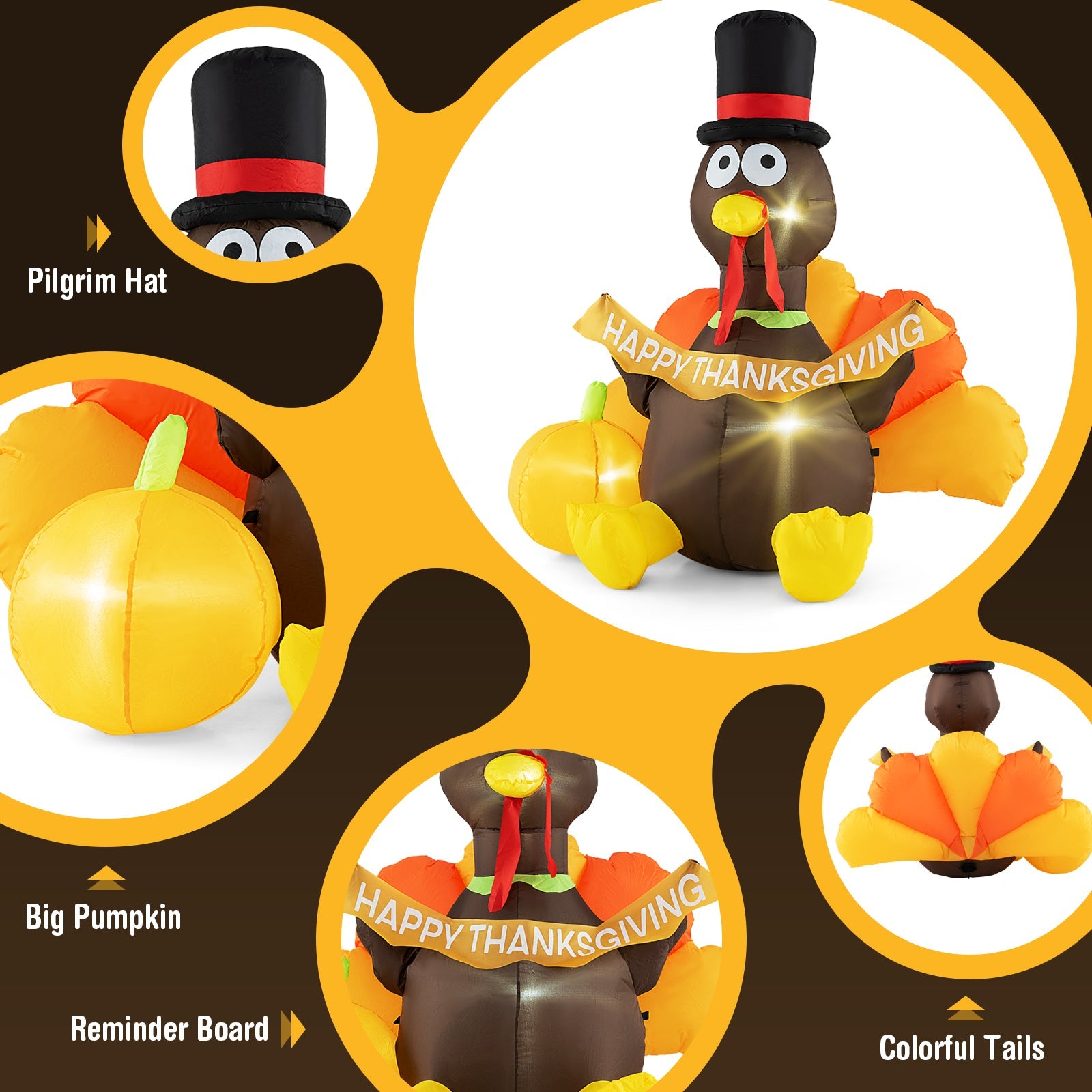 5 FT Inflatable Turkey with Pumpkin and LED Lights for Indoor Party