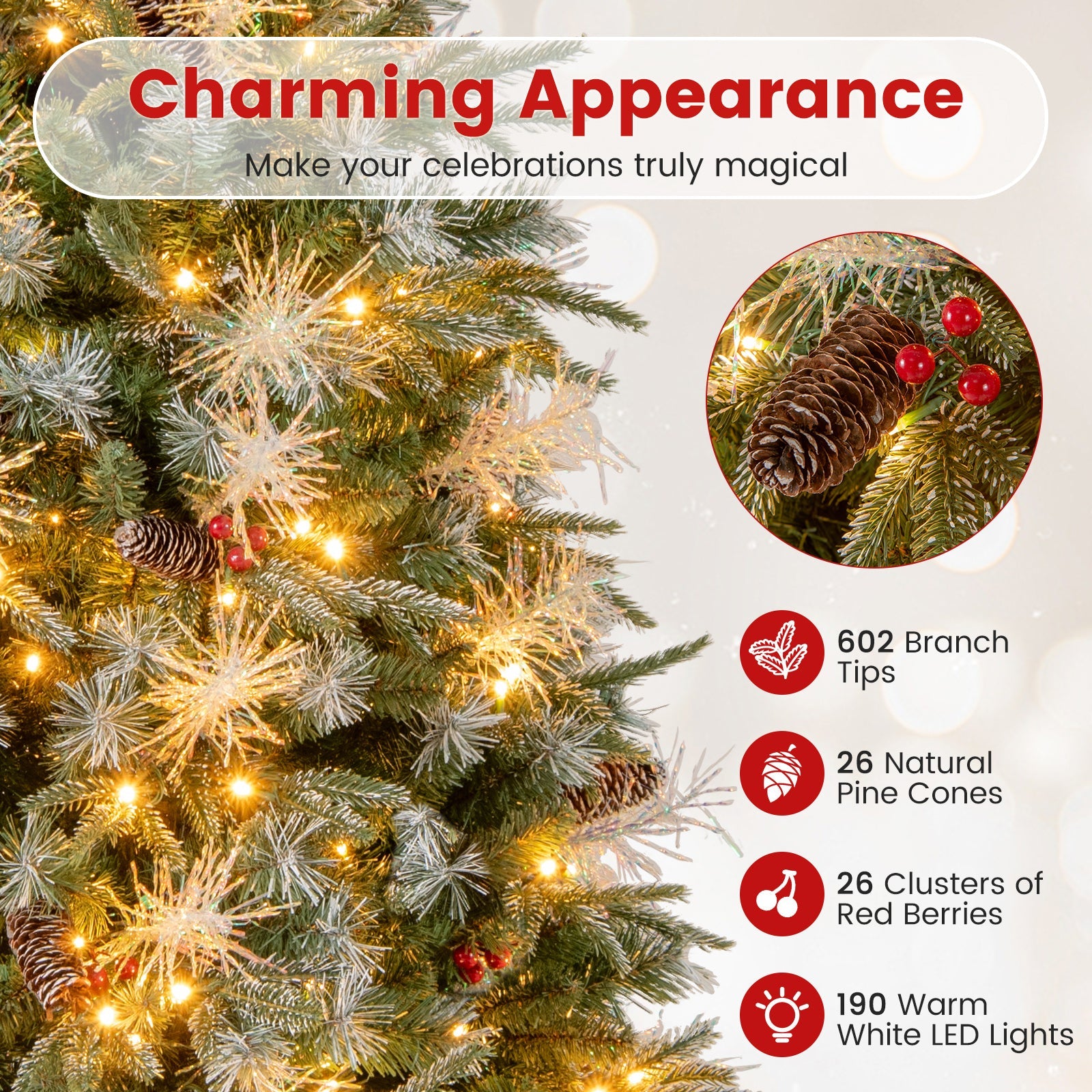 5 Feet Pre-Lit Artificial Christmas Tree with 8 Modes LED Lights with Berries